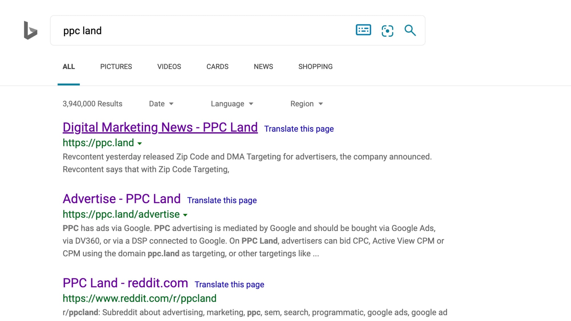 Bing search result pages