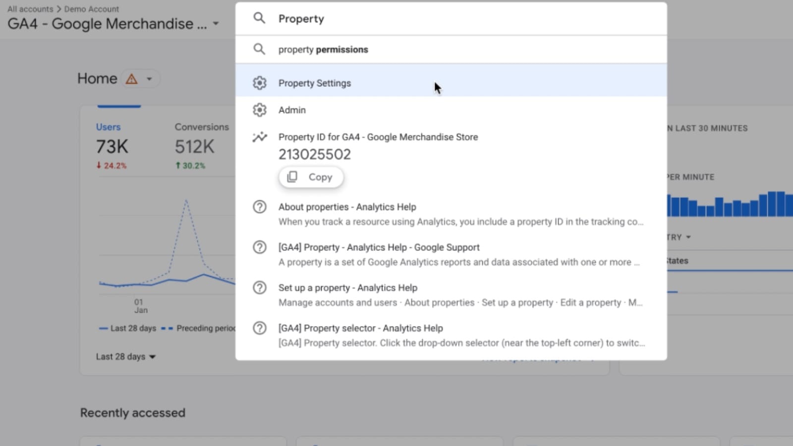 Google Analytics 4 search bar