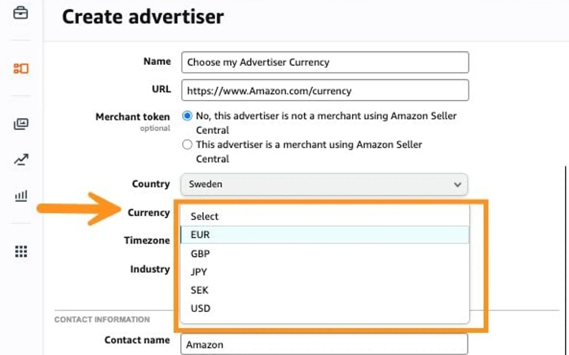 Amazon DSP currency selection