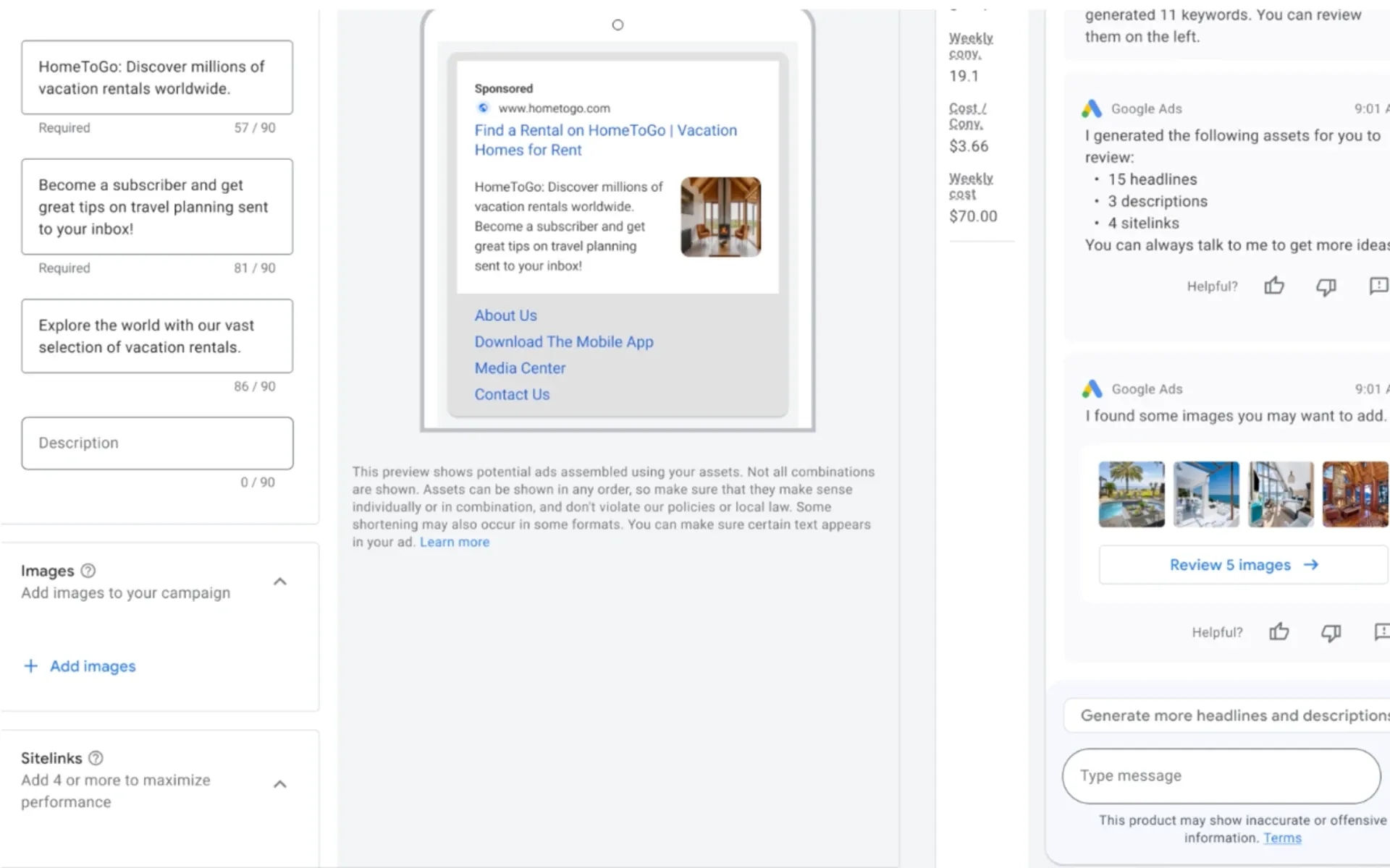 HomeToGo is using the conversational experience for Search campaigns to generate optimized headlines and descriptions