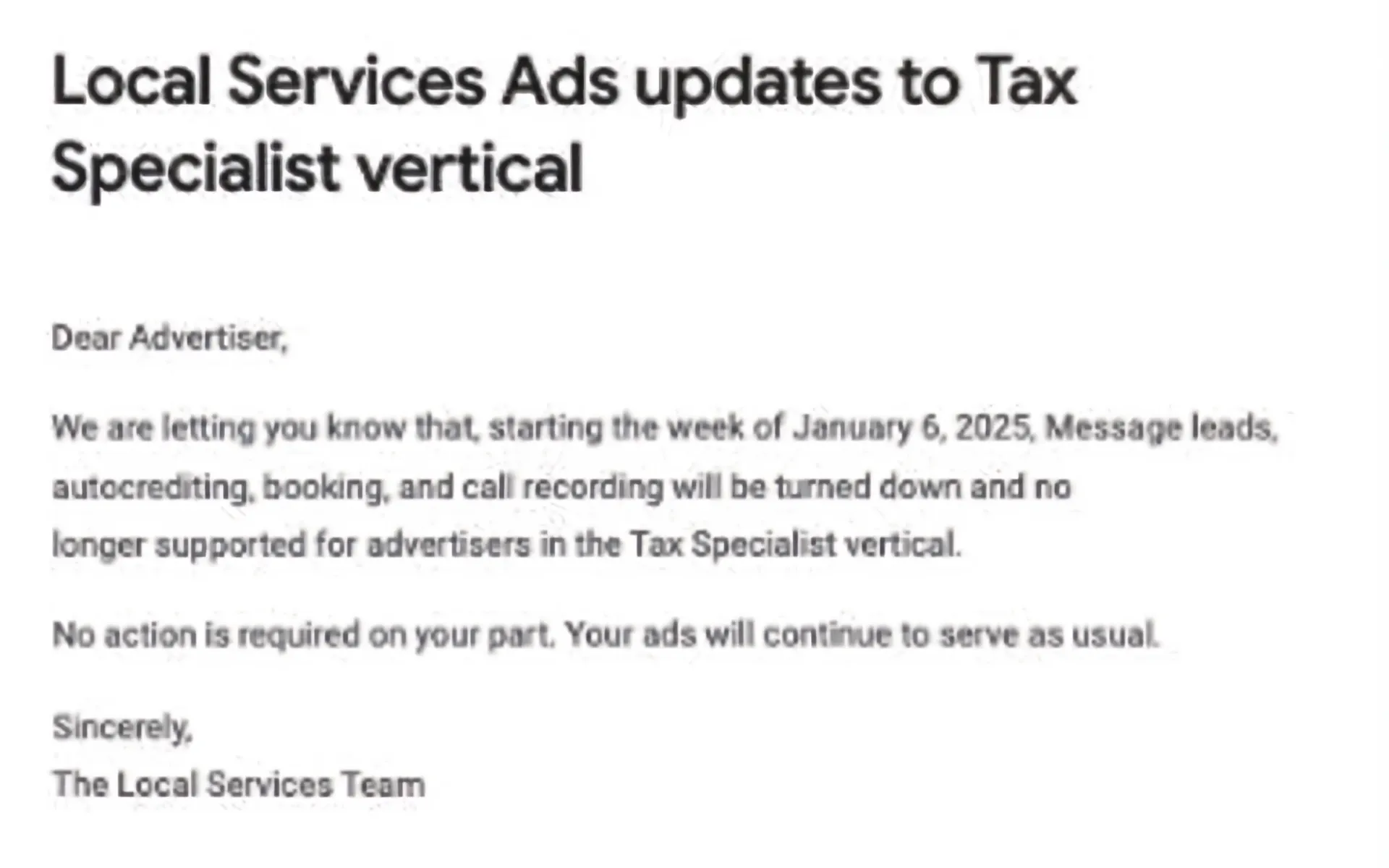 Core features removed from Google's Local Services Ads tax specialist vertical starting January 2025.