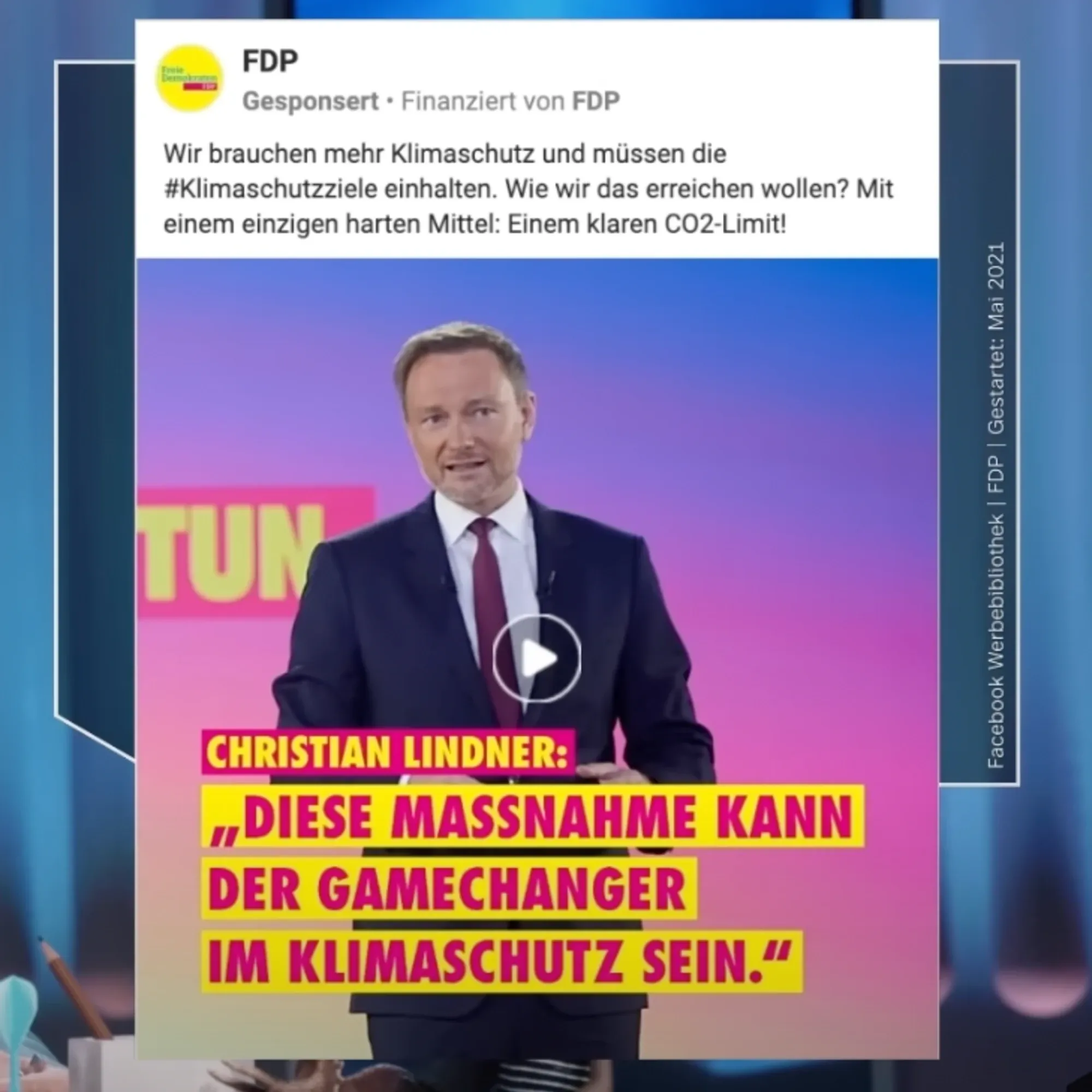 FDP's Facebook ad shows Lindner promoting CO2 limits - example of party's conflicting climate messaging