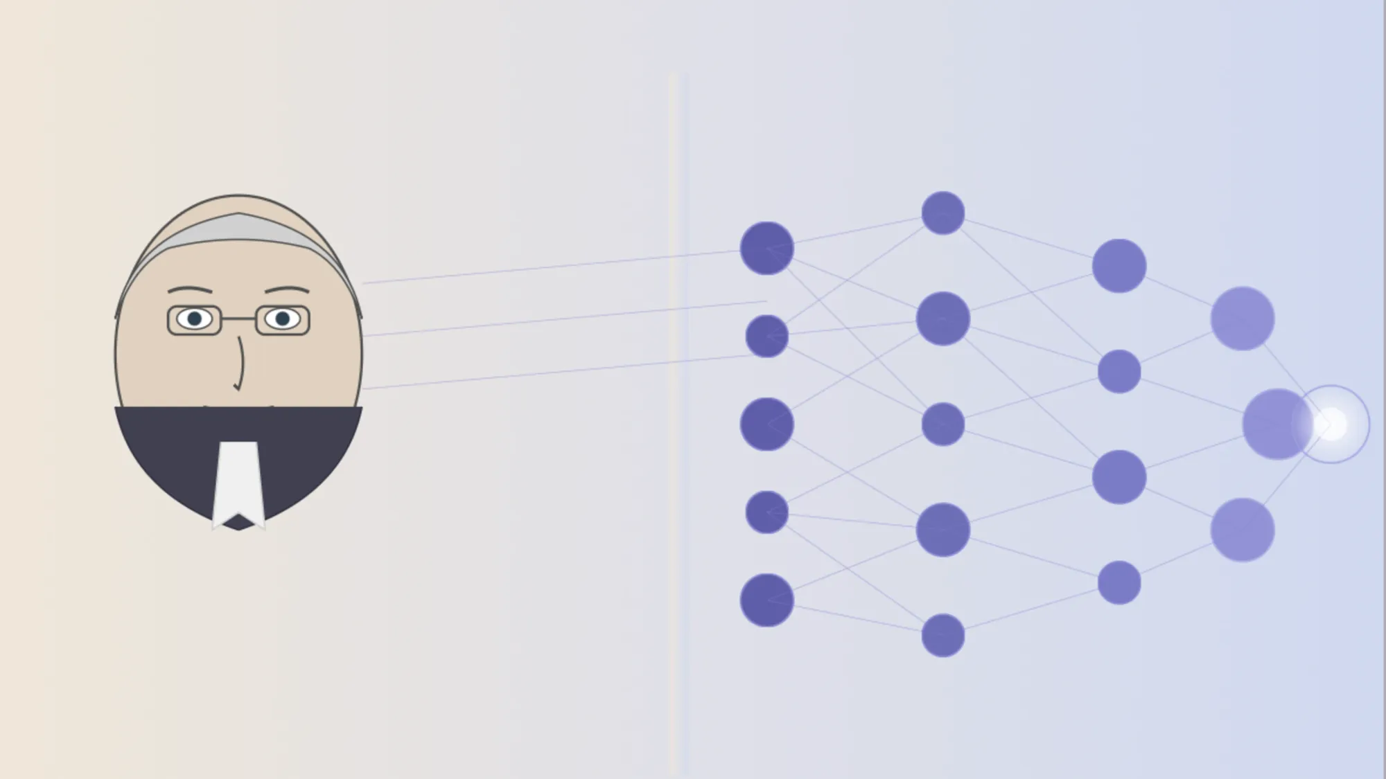 Minimalist illustration of AI pioneer alongside neural network visualization, depicting human-AI relationship.