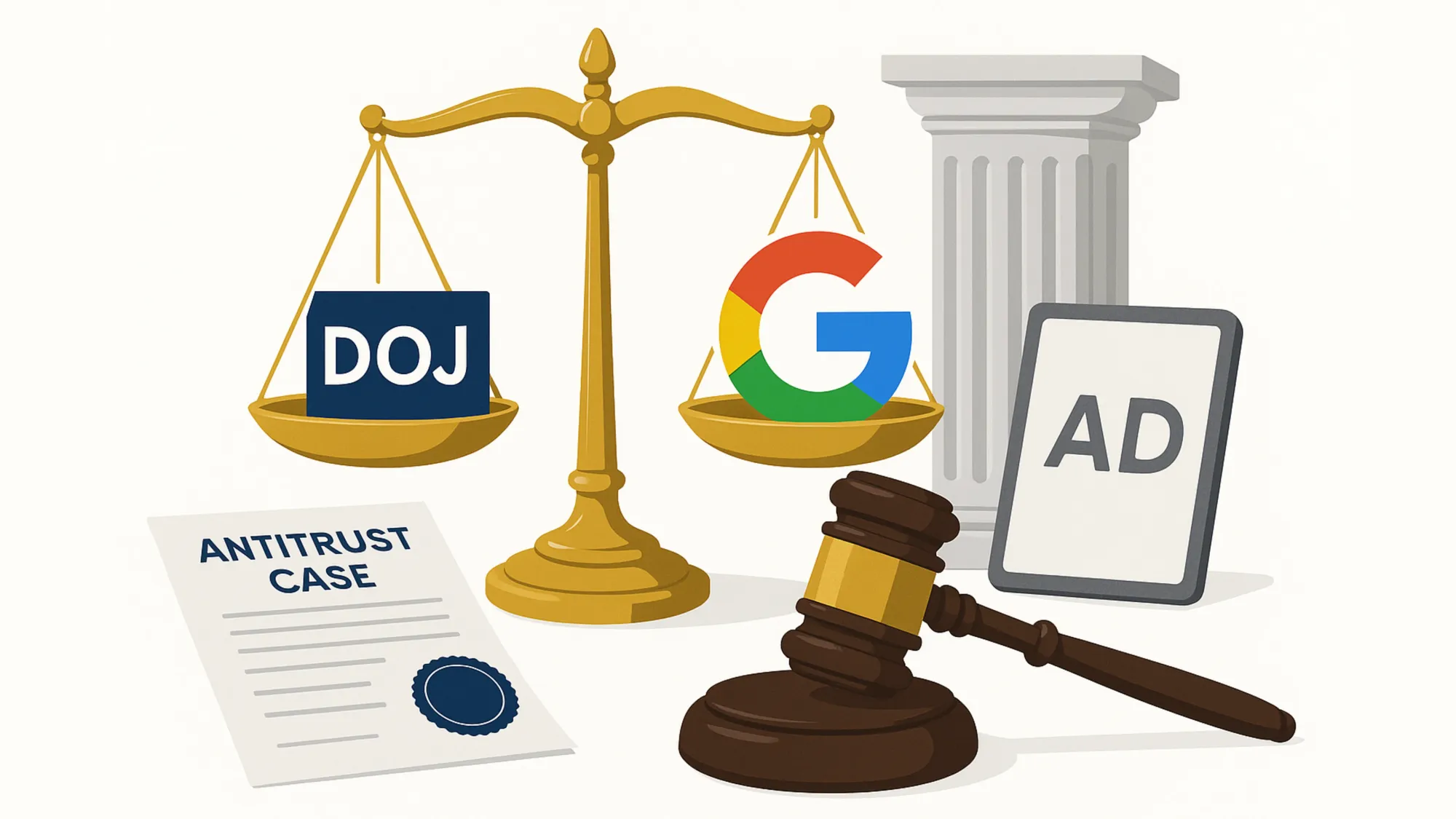 Scales of justice with DOJ and Google logos, gavel, and digital ad icon illustrating antitrust ruling victory.
