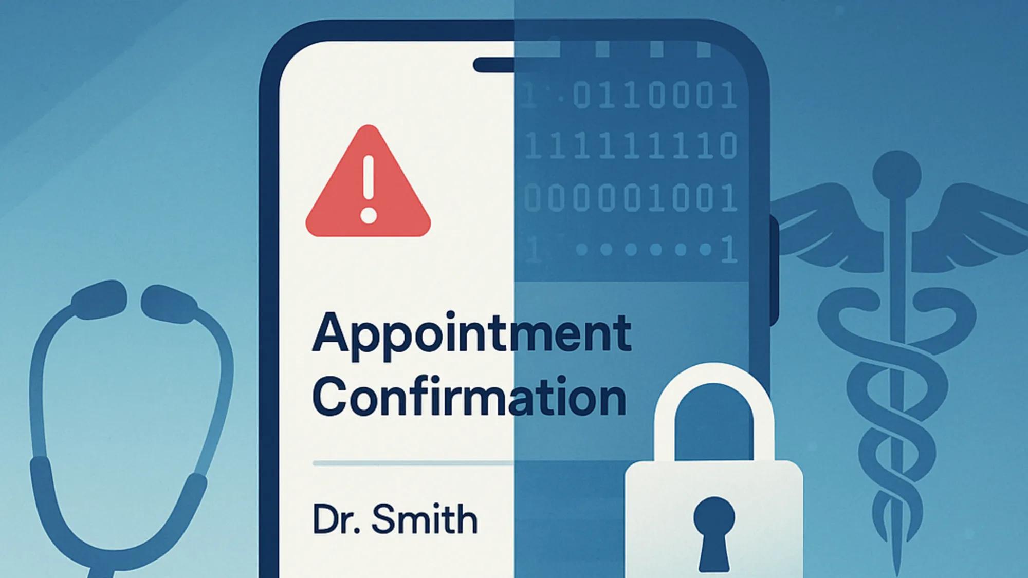 Medical appointment email security alert: Split-screen shows encrypted vs. unencrypted data transmission highlighting GDPR concerns.