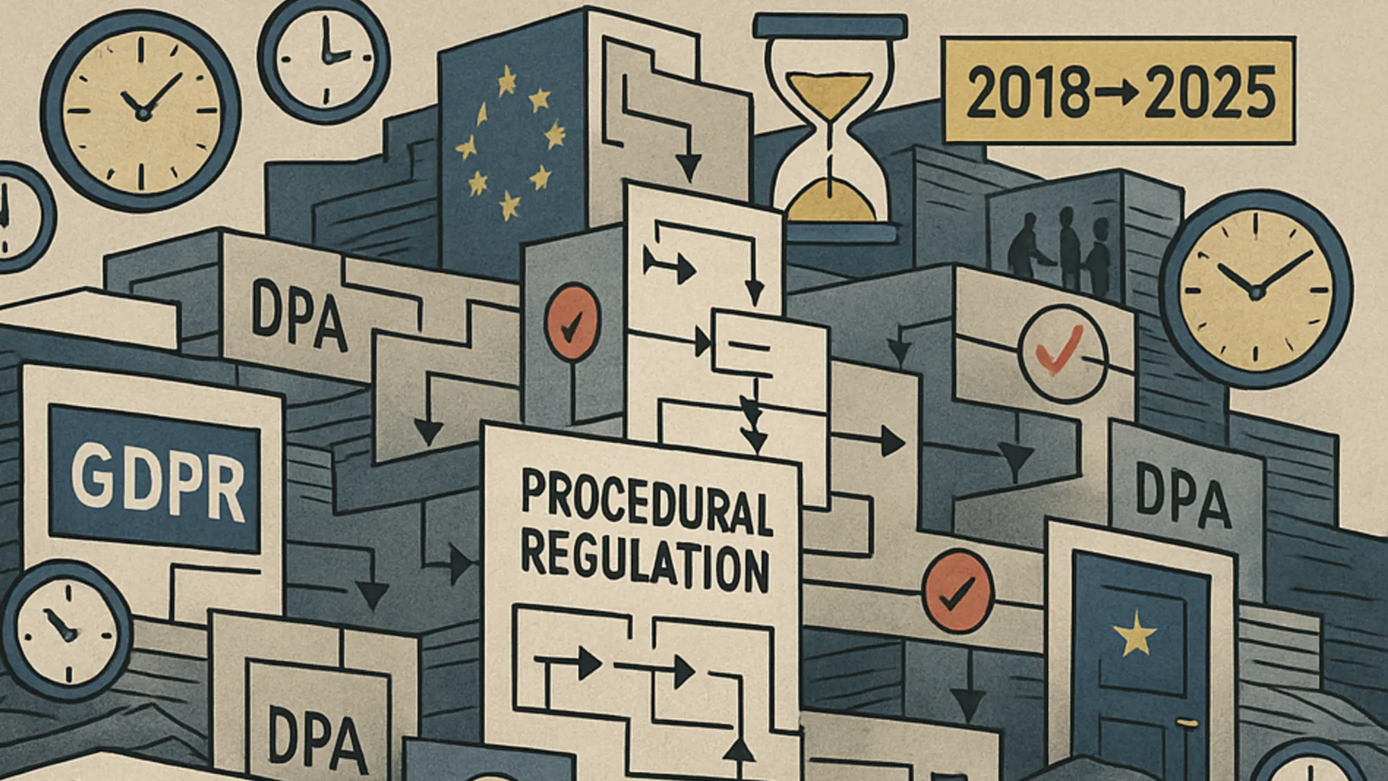 GDPR maze: EU bureaucracy illustrated as complex flowcharts, DPA boxes and ticking clocks from 2018-2025.