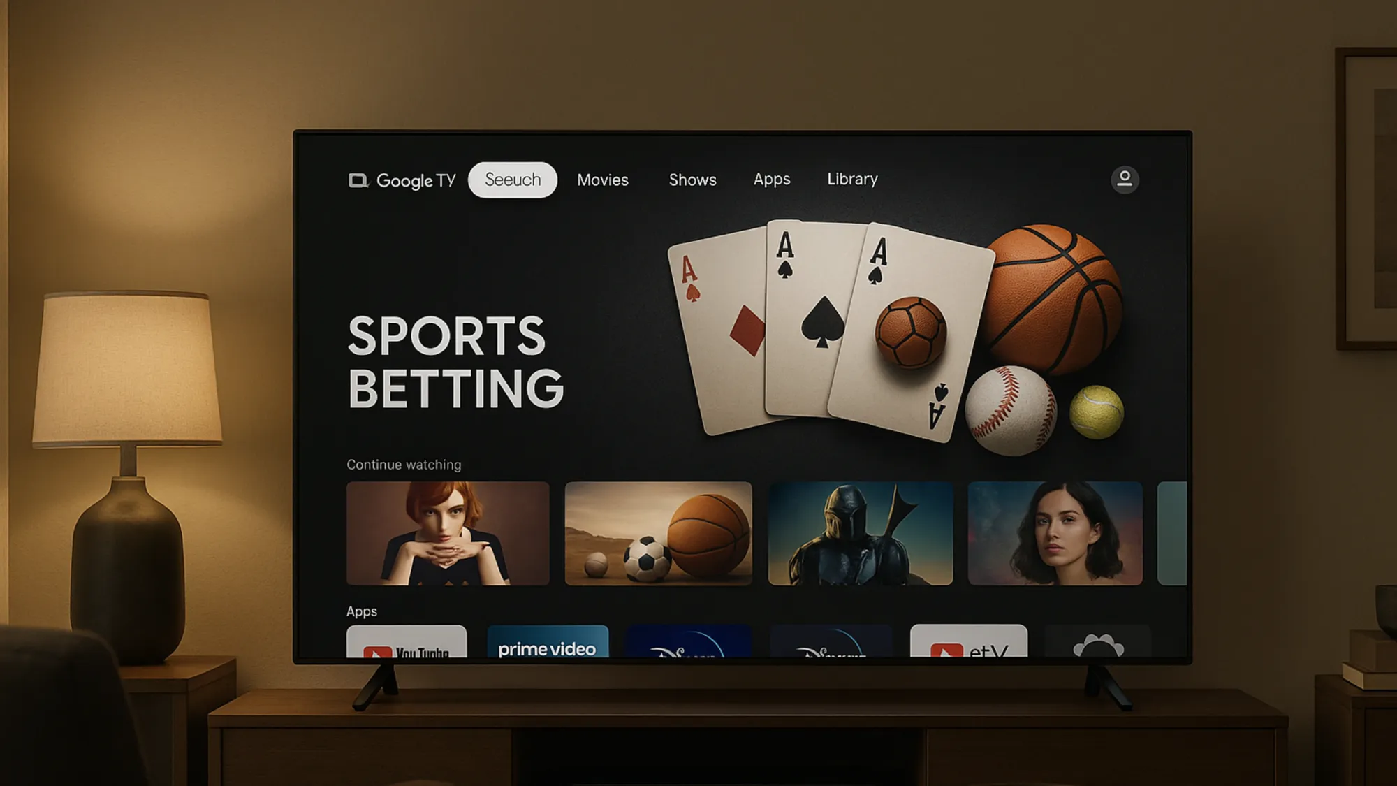 Google TV interface showing sports betting masthead ad with playing cards and sports equipment in a modern living room setting