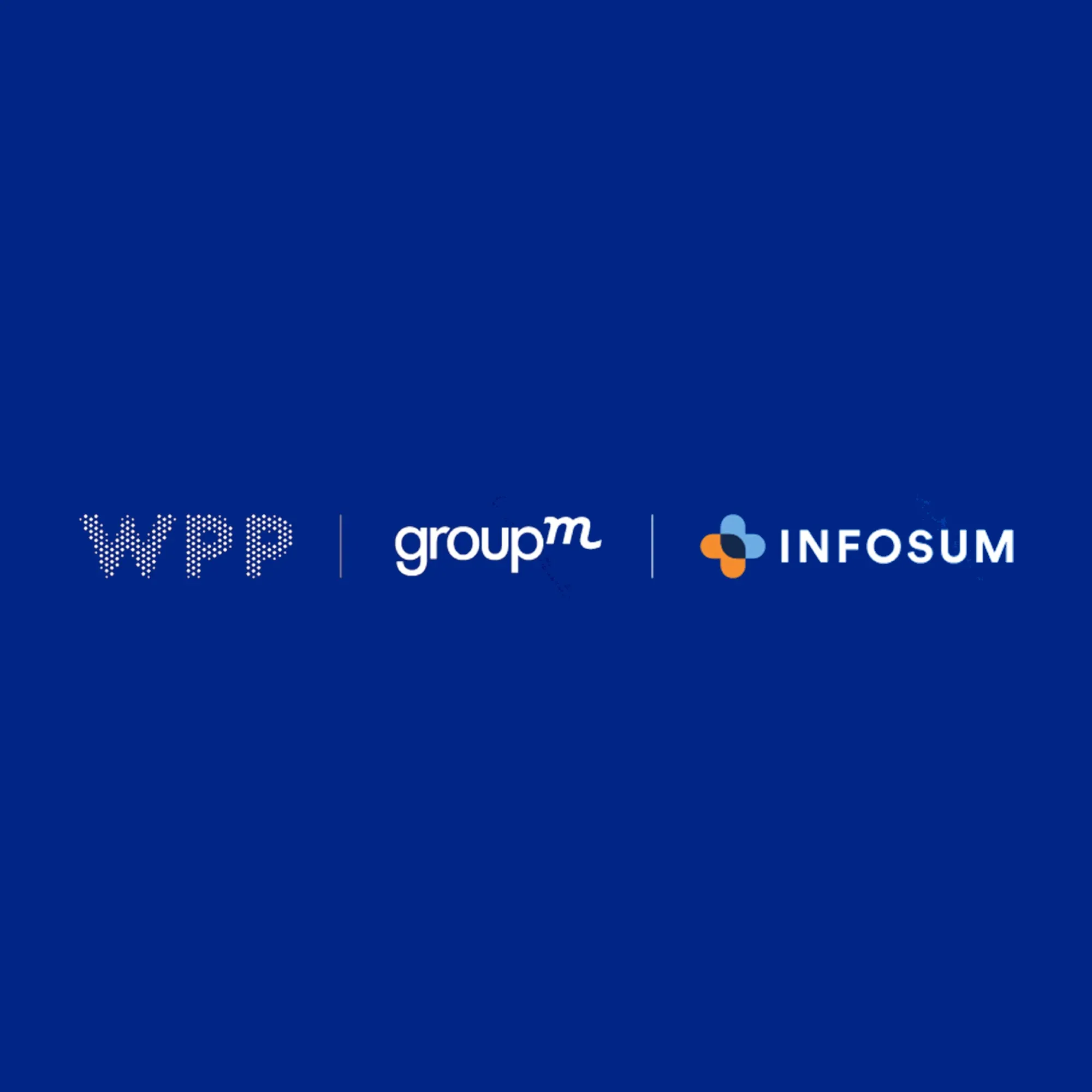 WPP, GroupM, and InfoSum logos on deep blue background, showcasing the strategic acquisition partnership