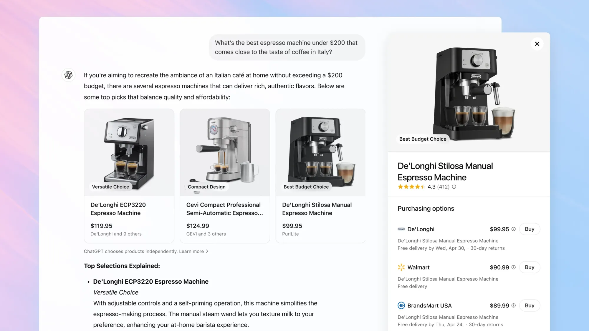 ChatGPT's new shopping feature displays espresso machines with visual product cards, pricing, and merchant options