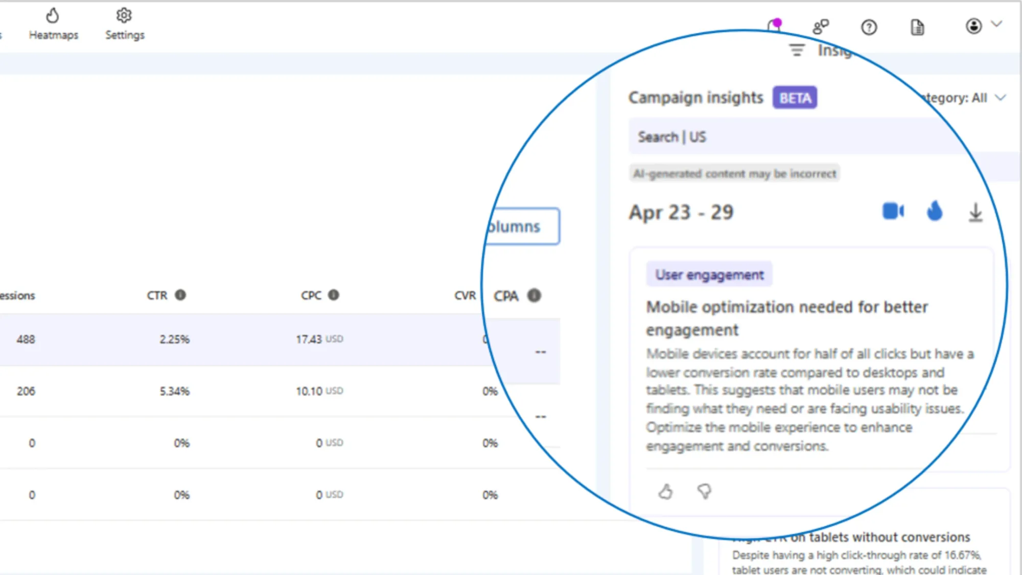 Microsoft Clarity's AI-driven Campaign Insights showing mobile optimization recommendation with analytics data