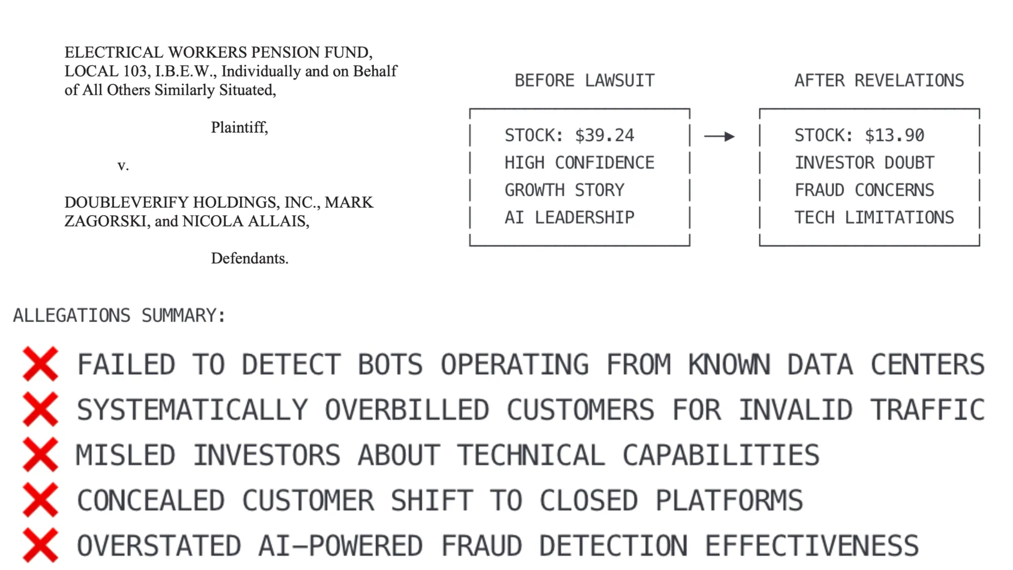 DoubleVerify lawsuit alleges fraud in digital ad verification amid 65% stock decline and bot detection failures.