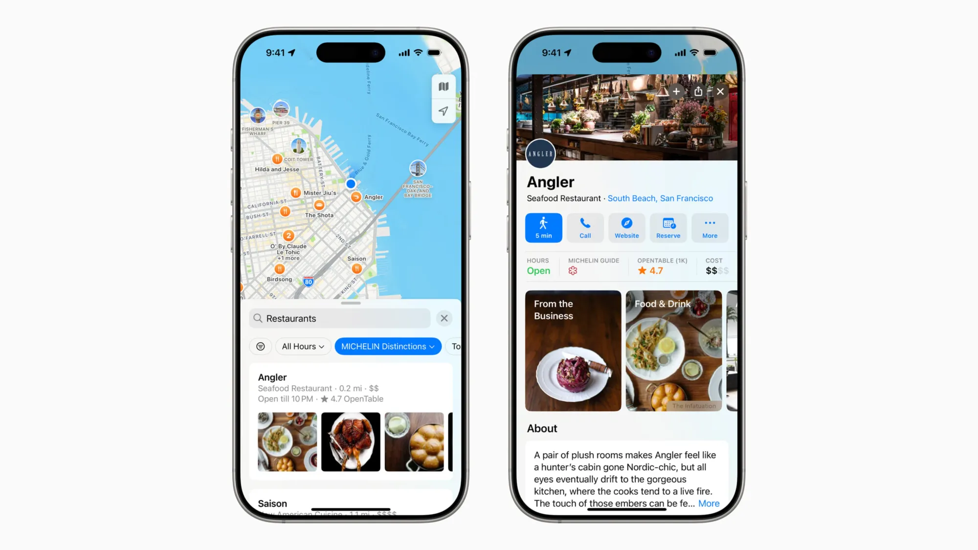 Apple Maps shows MICHELIN Guide integration with restaurant filters and detailed place cards for dining spots