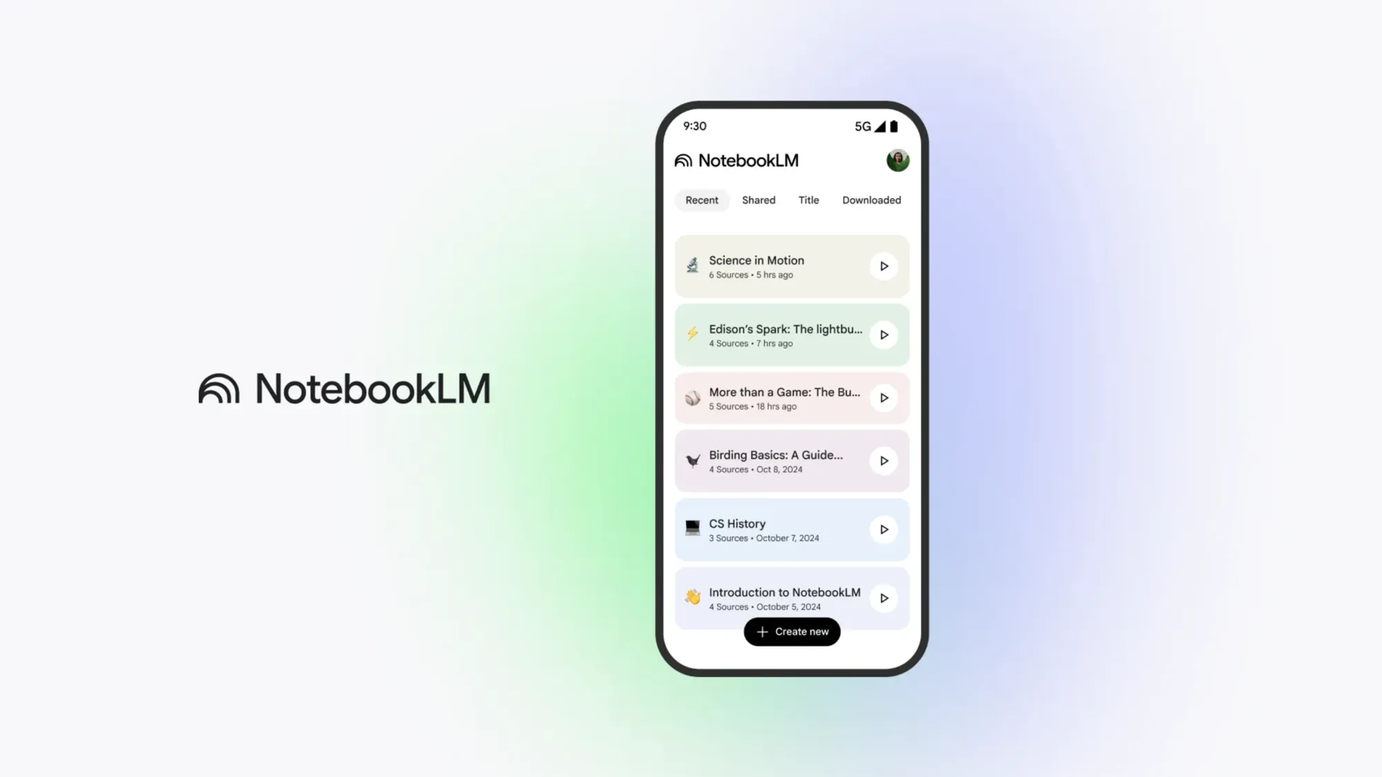 NotebookLM mobile app interface showing recent research notebooks with offline audio playback features