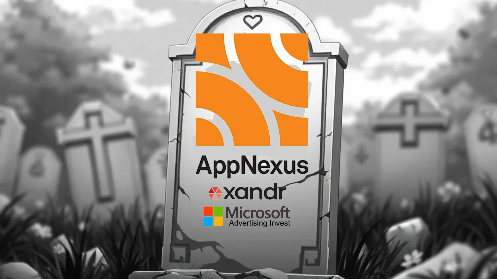 A somber tombstone image showing AppNexus's journey to becoming Microsoft Advertising Invest, symbolizing the platform's upcoming sunset in 2026.