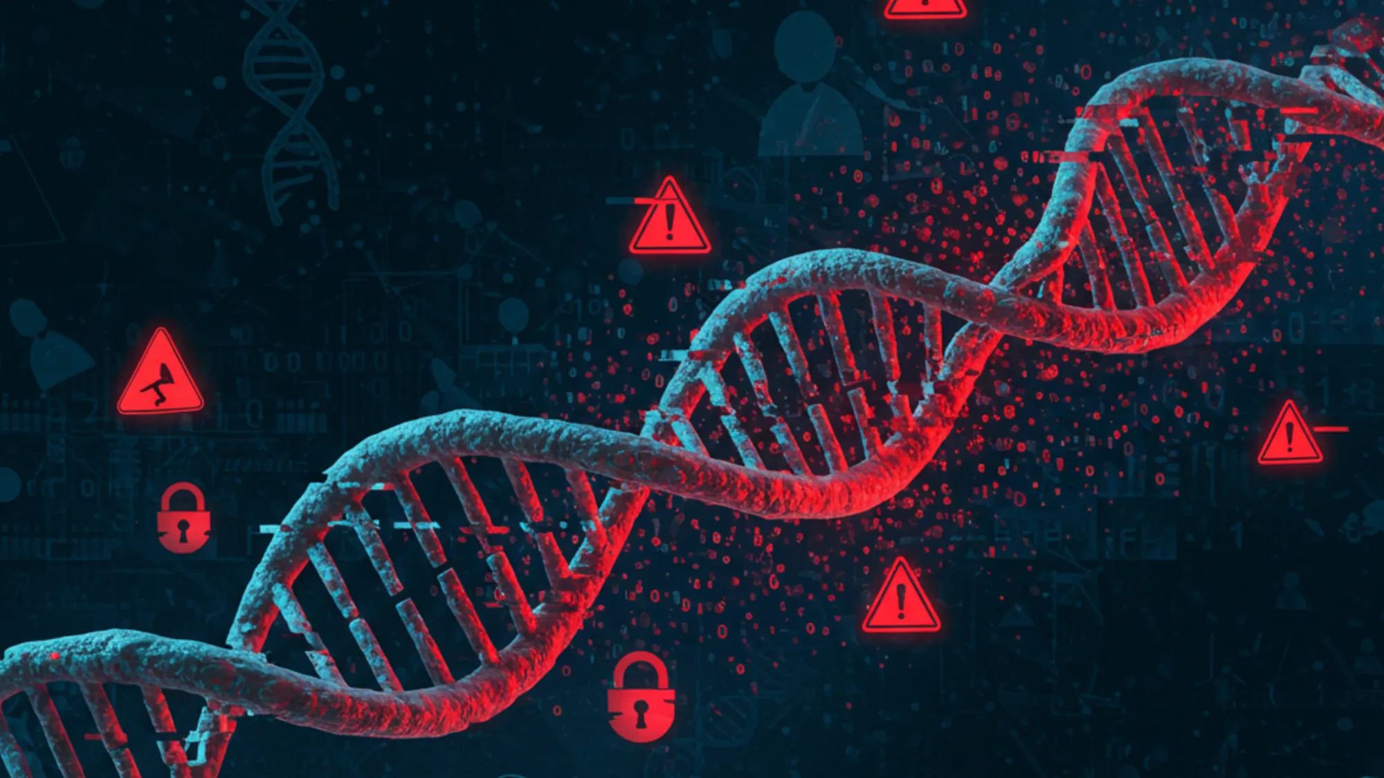 DNA double helix with red security warnings and broken locks showing genetic data breach vulnerability