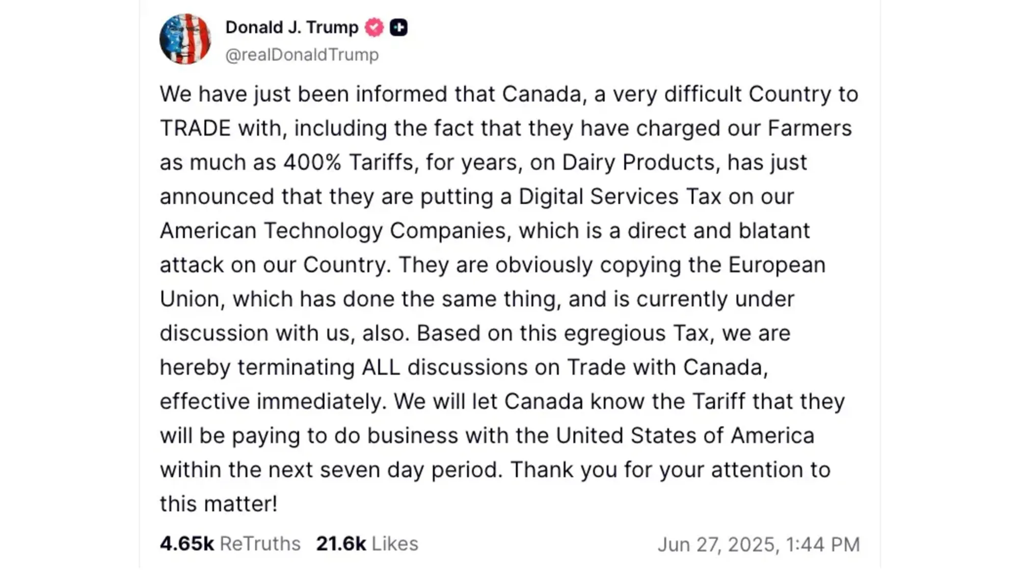 Trump Truth Social post announcing Canada trade talk termination over digital services tax June 27