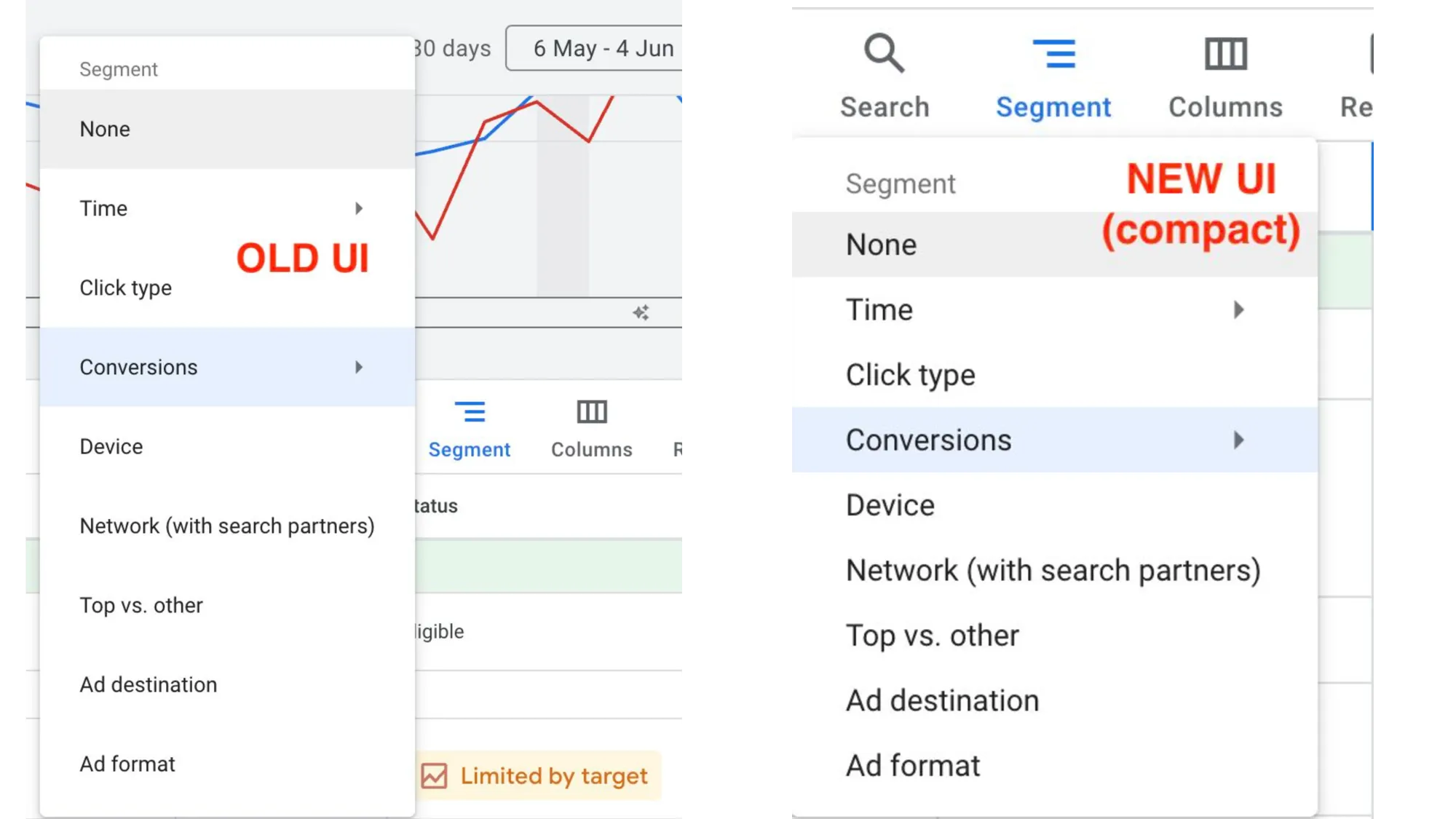 Google Ads old vs new compact segment dropdown menu interface comparison showing reduced visual space usage