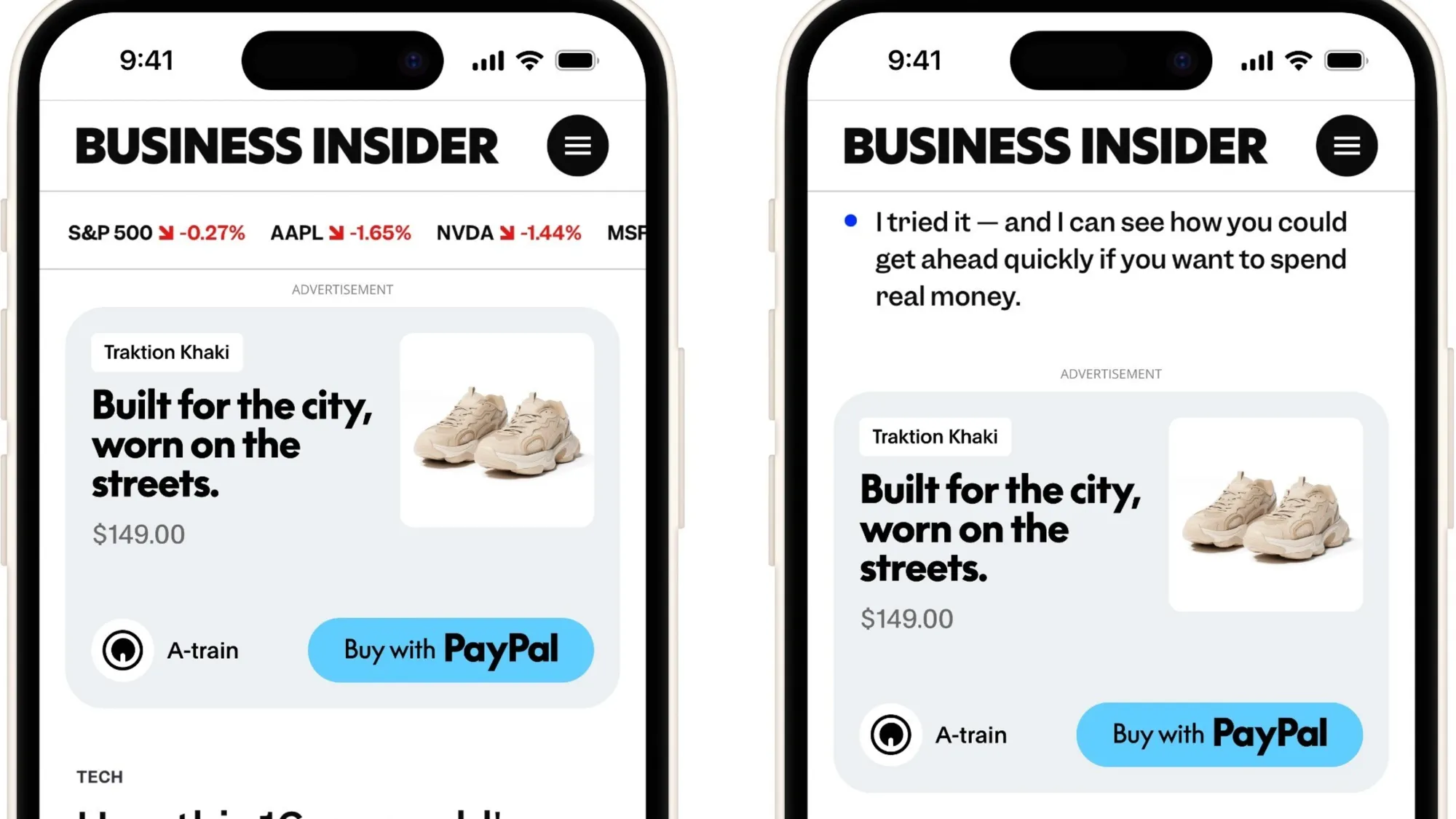 PayPal Storefront Ads enable direct purchases within mobile publisher content, as shown in this Business Insider demo.