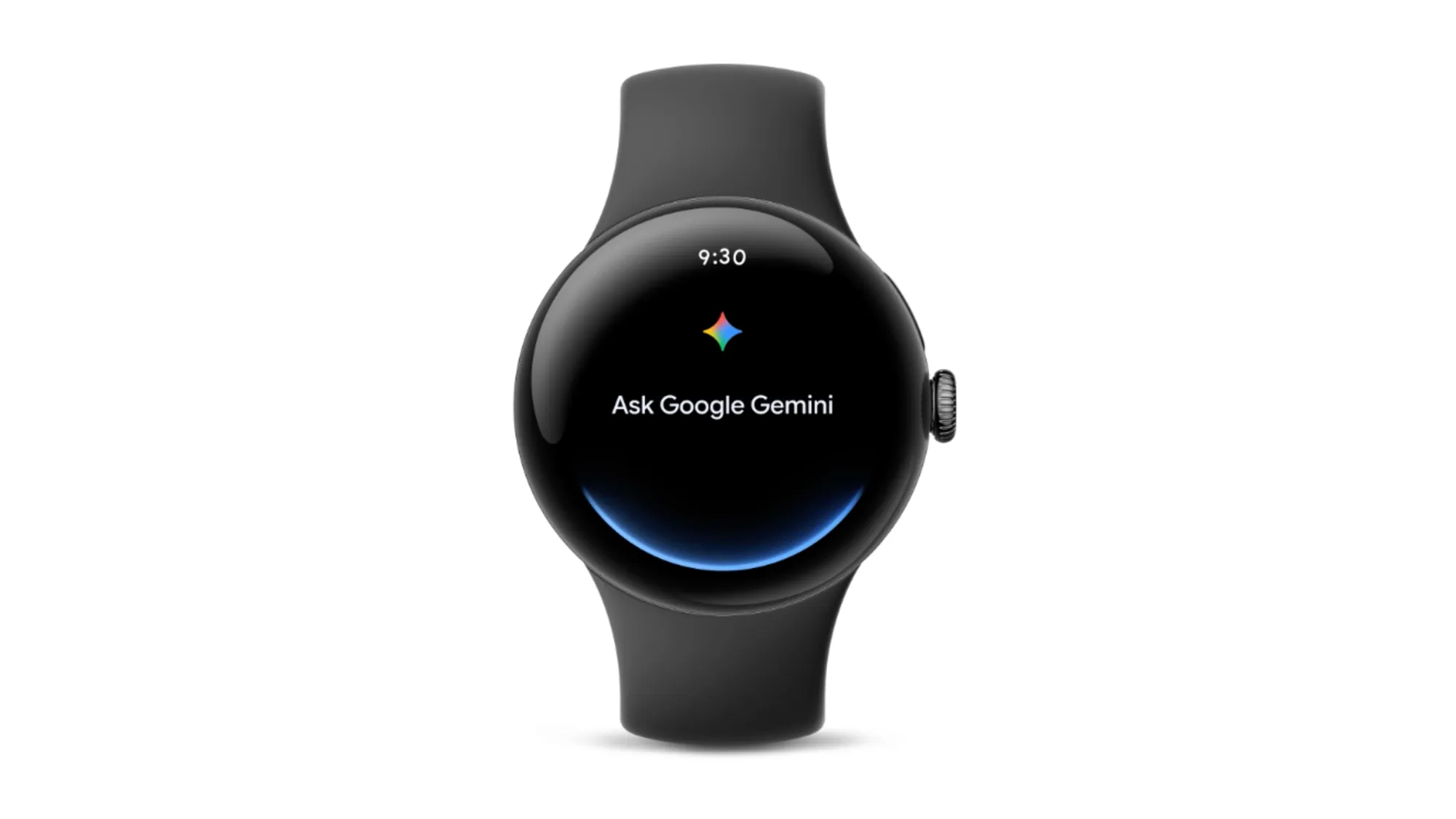 Wear OS smartwatch displaying "Ask Google Gemini" interface with colorful AI assistant logo on black screen