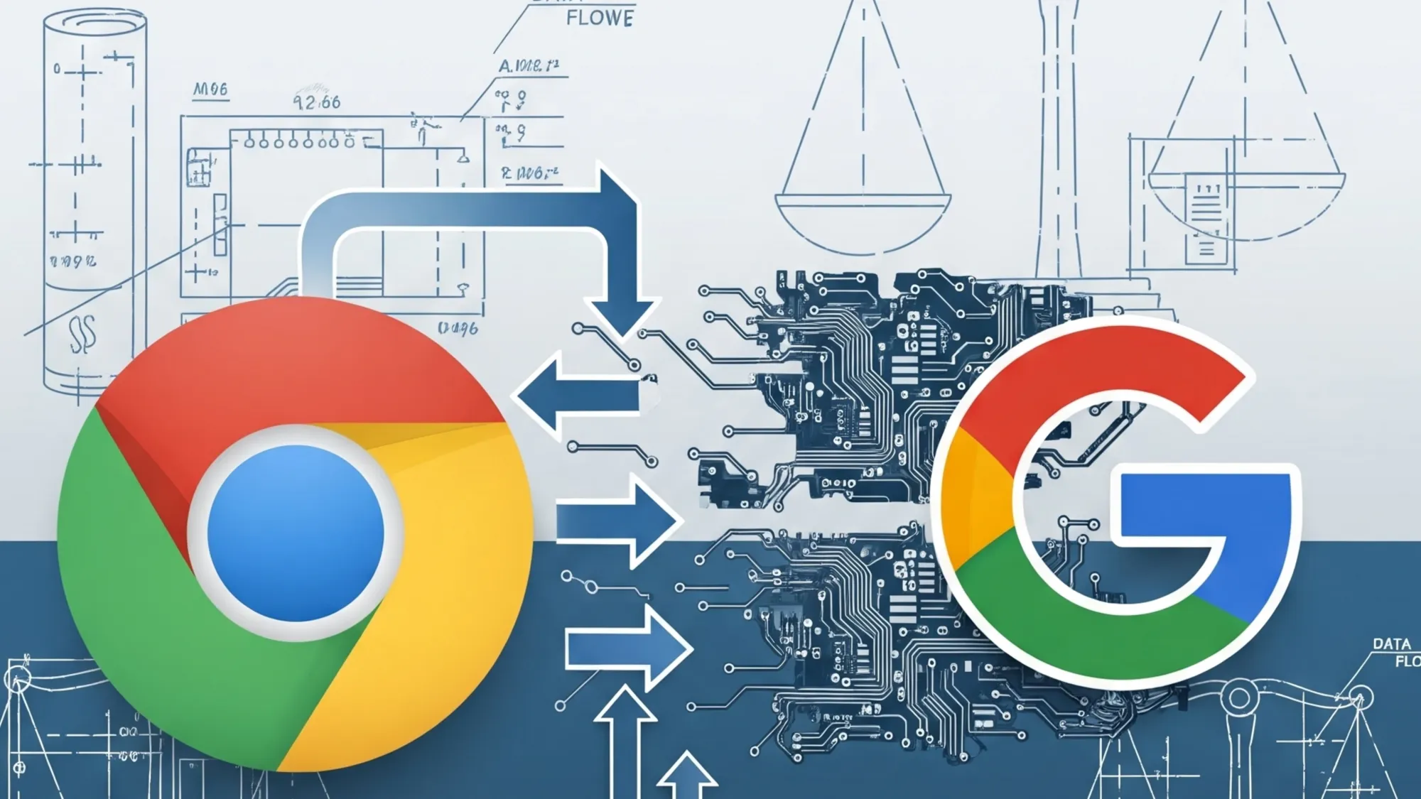 Chrome browser separation from Google's ecosystem shown through technical engineering blueprint with data flow connections.