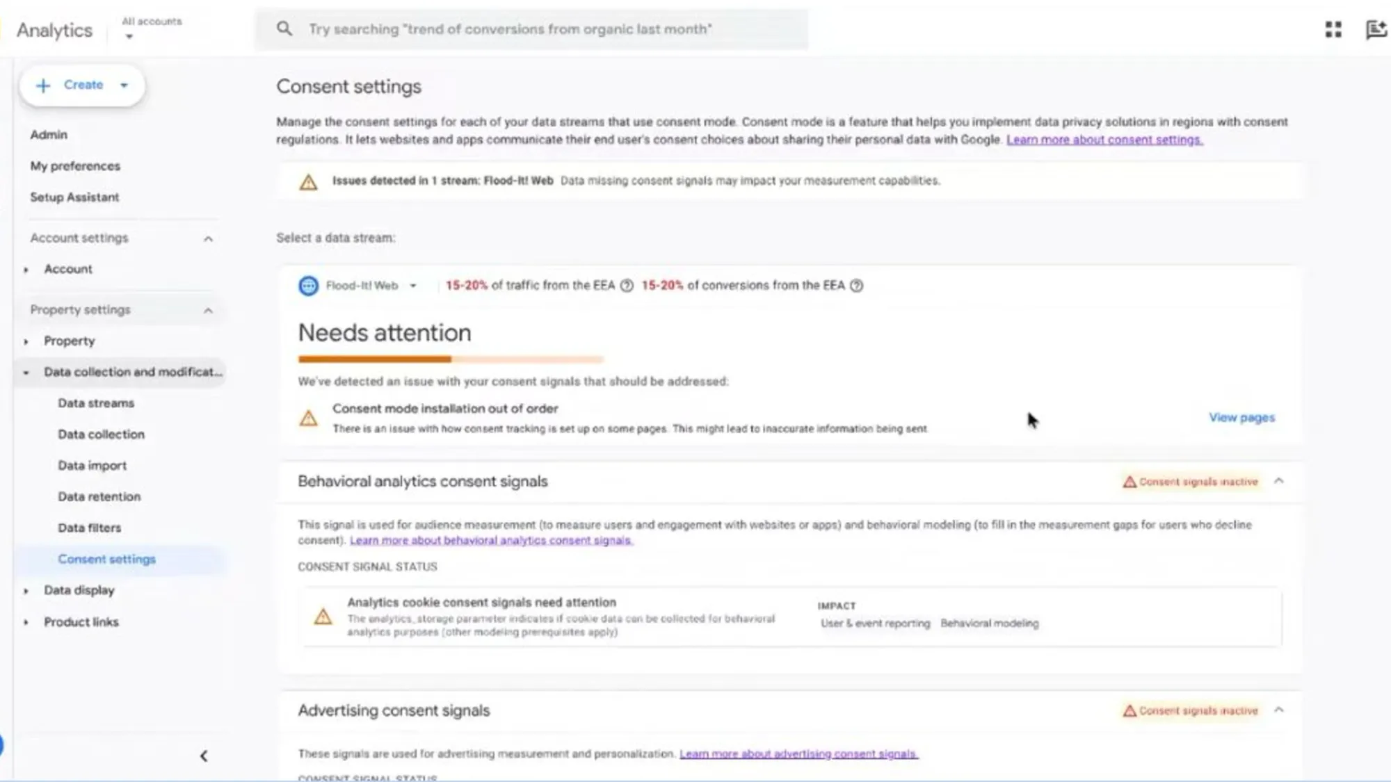 Google Analytics consent settings hub showing diagnostic alerts for EEA traffic and consent signal issues.