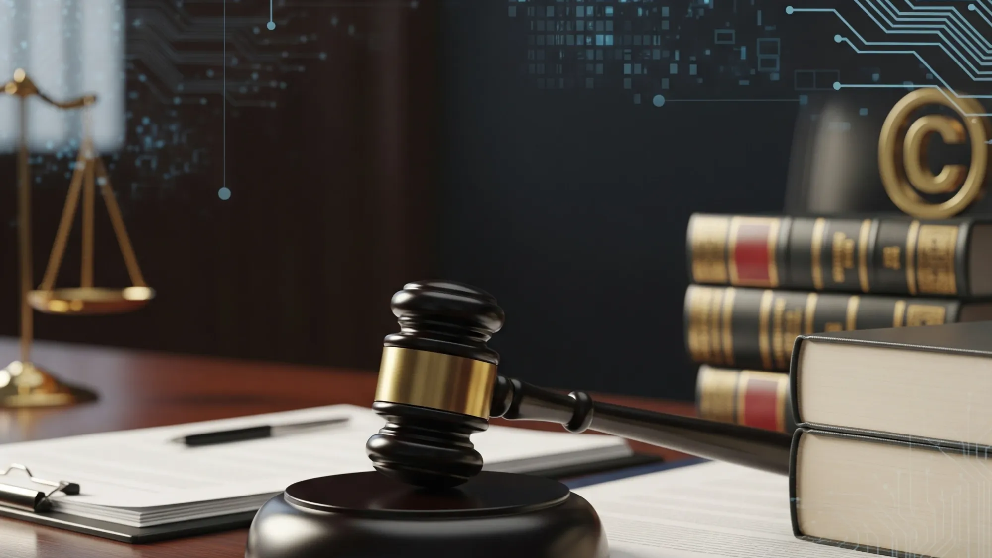 Federal judge's gavel and law books with digital AI elements representing landmark fair use ruling