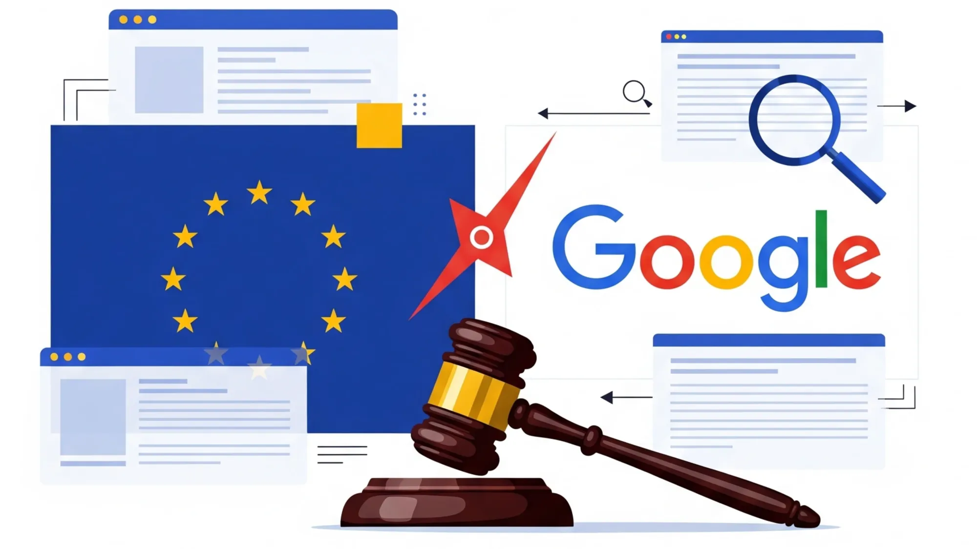 EU flag, Google logo, and judge's gavel illustrating antitrust complaint against AI Overviews feature