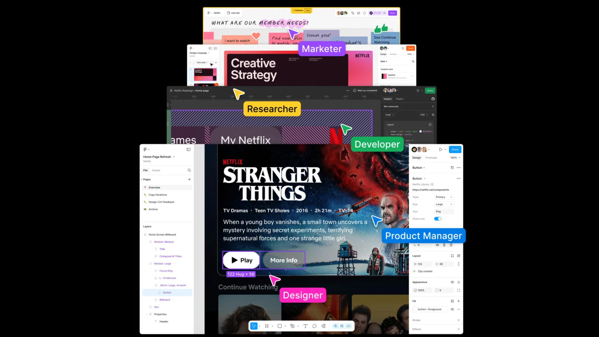 Figma collaborative design platform showing multi-user interface with Netflix streaming app design workflow