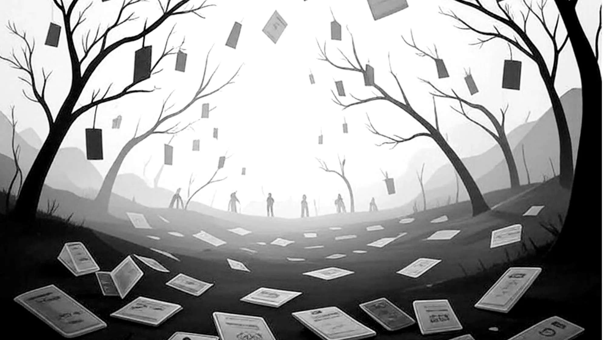 Scattered ID documents and shadowy figures illustrate identity theft risks from data breaches like Tea app.