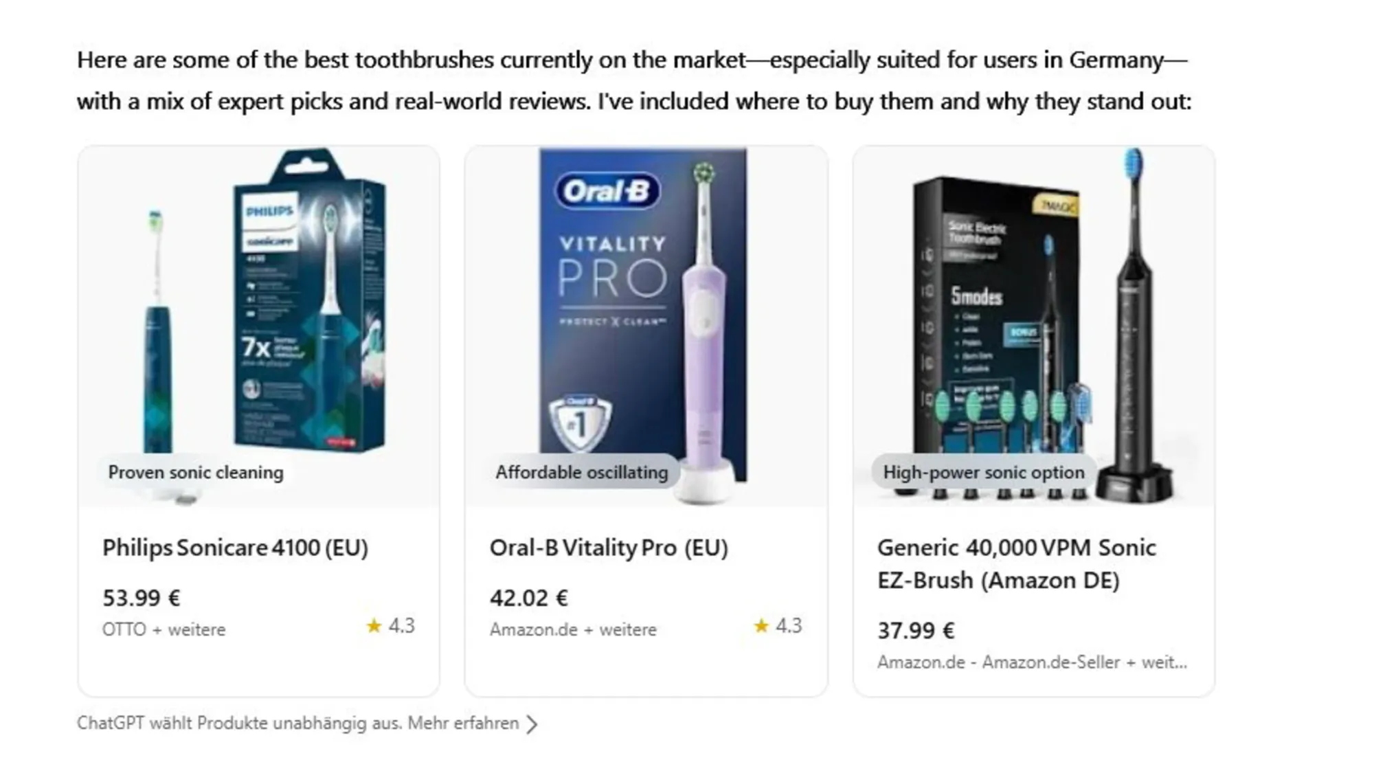 ChatGPT shopping interface showing German toothbrush recommendations with prices and ratings from retailers.