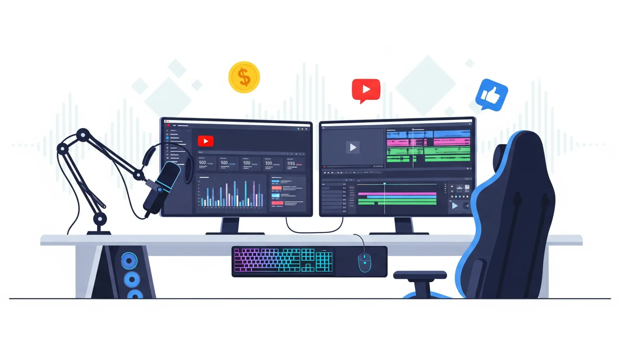 YouTube creator workspace with dual monitors showing analytics and video editing for content monetization setup.