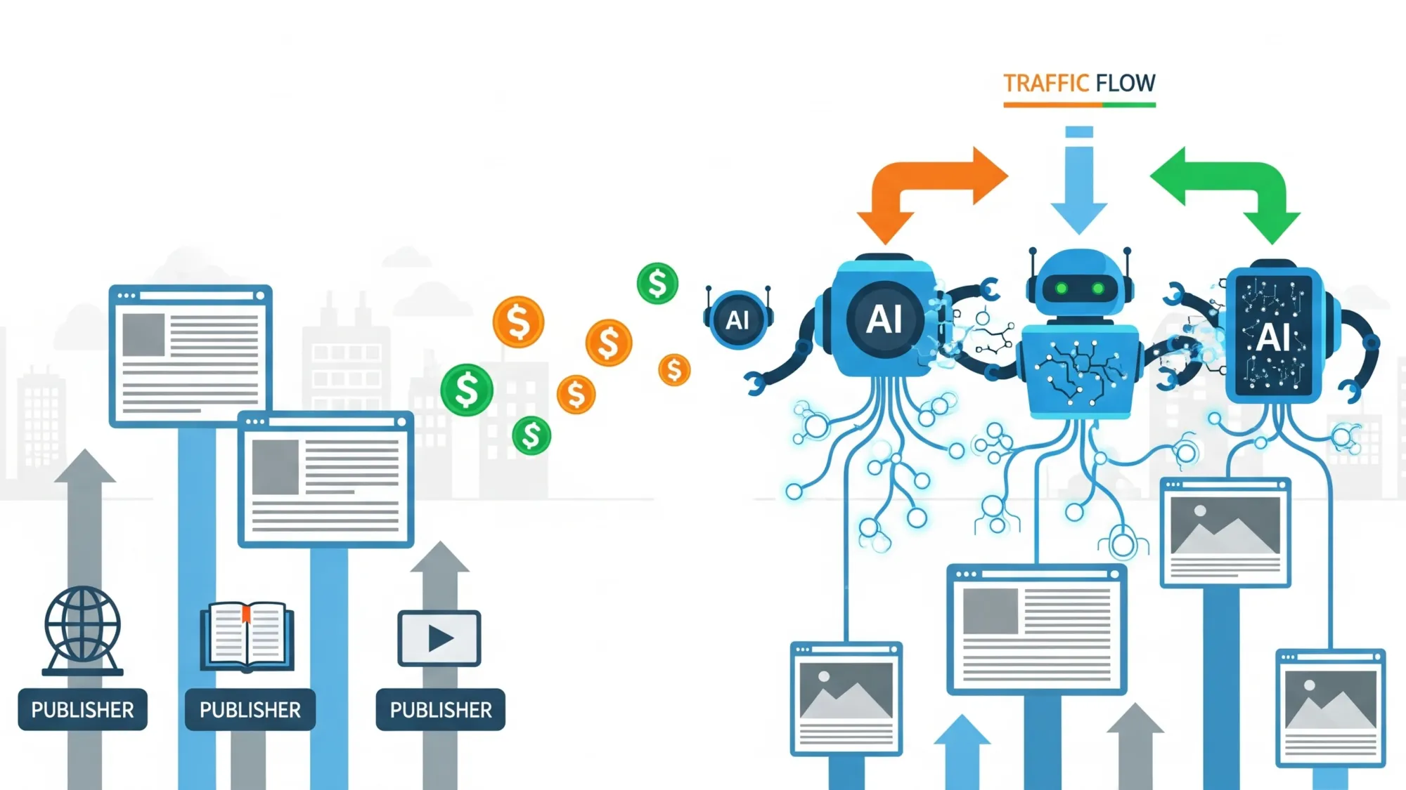 AI bots extracting publisher content while revenue flows to tech platforms, visualizing traffic shift