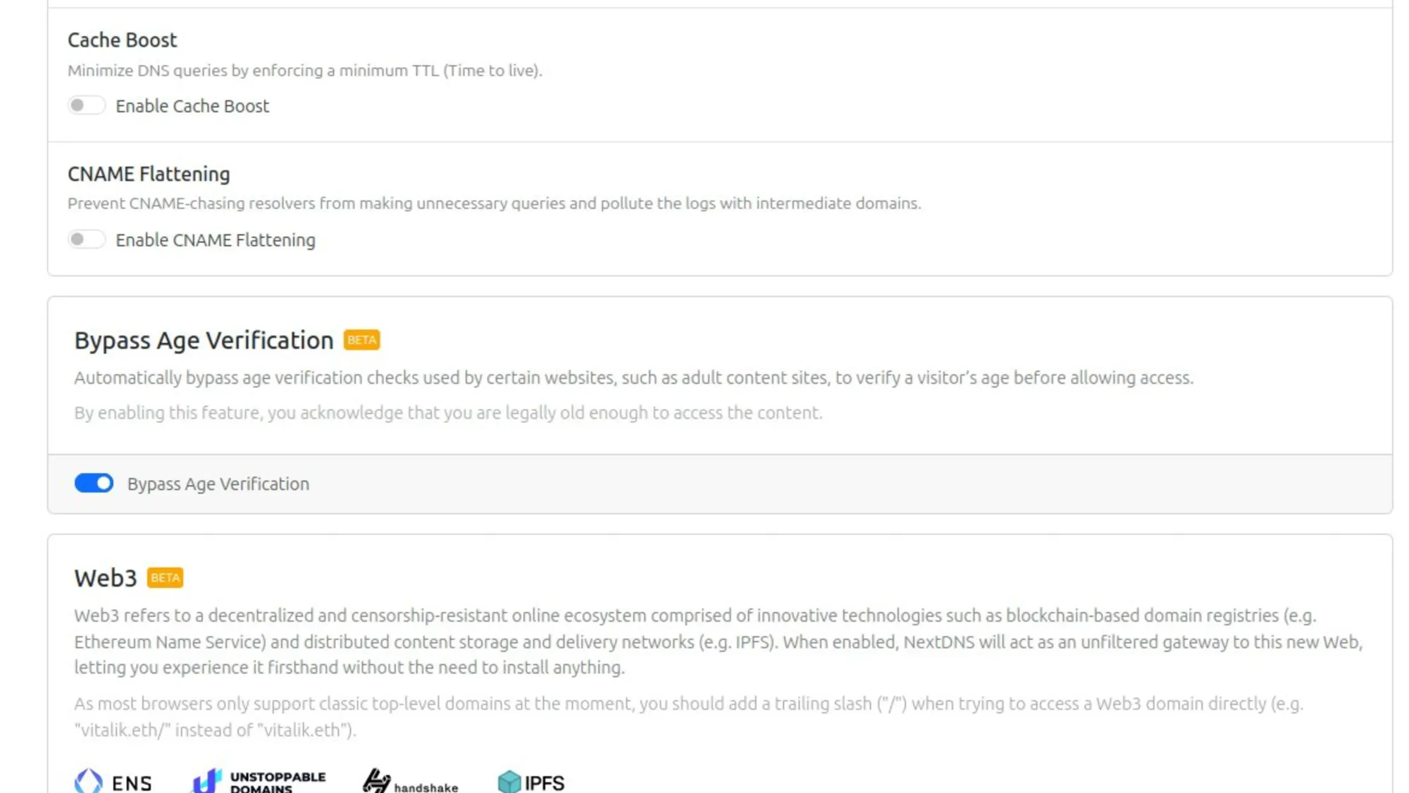 NextDNS Bypass Age Verification feature settings interface showing beta toggle and Web3 support options for privacy protection.