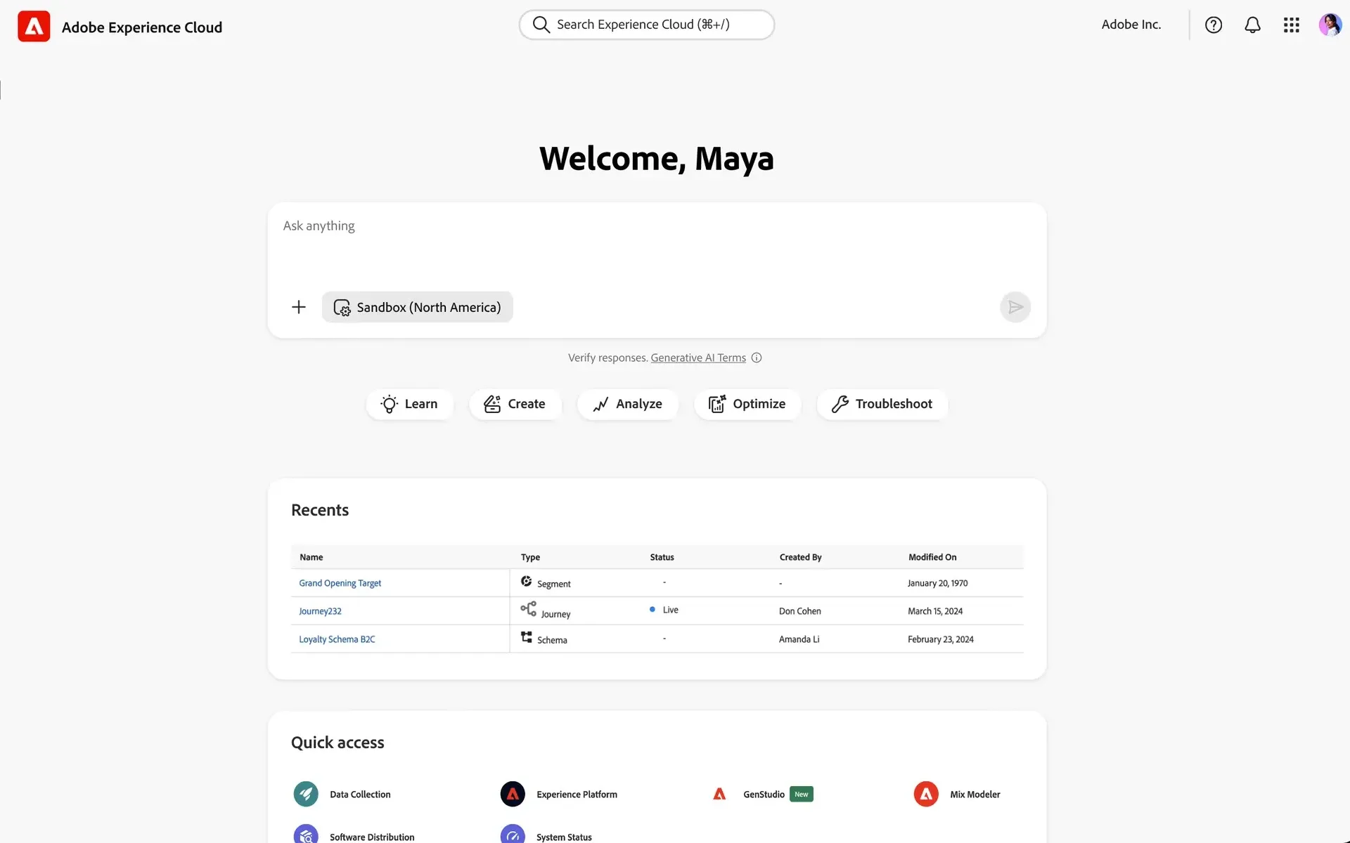 Adobe Experience Cloud dashboard showing AI Assistant interface with sandbox environment and marketing workflow tools for automated customer experience management.