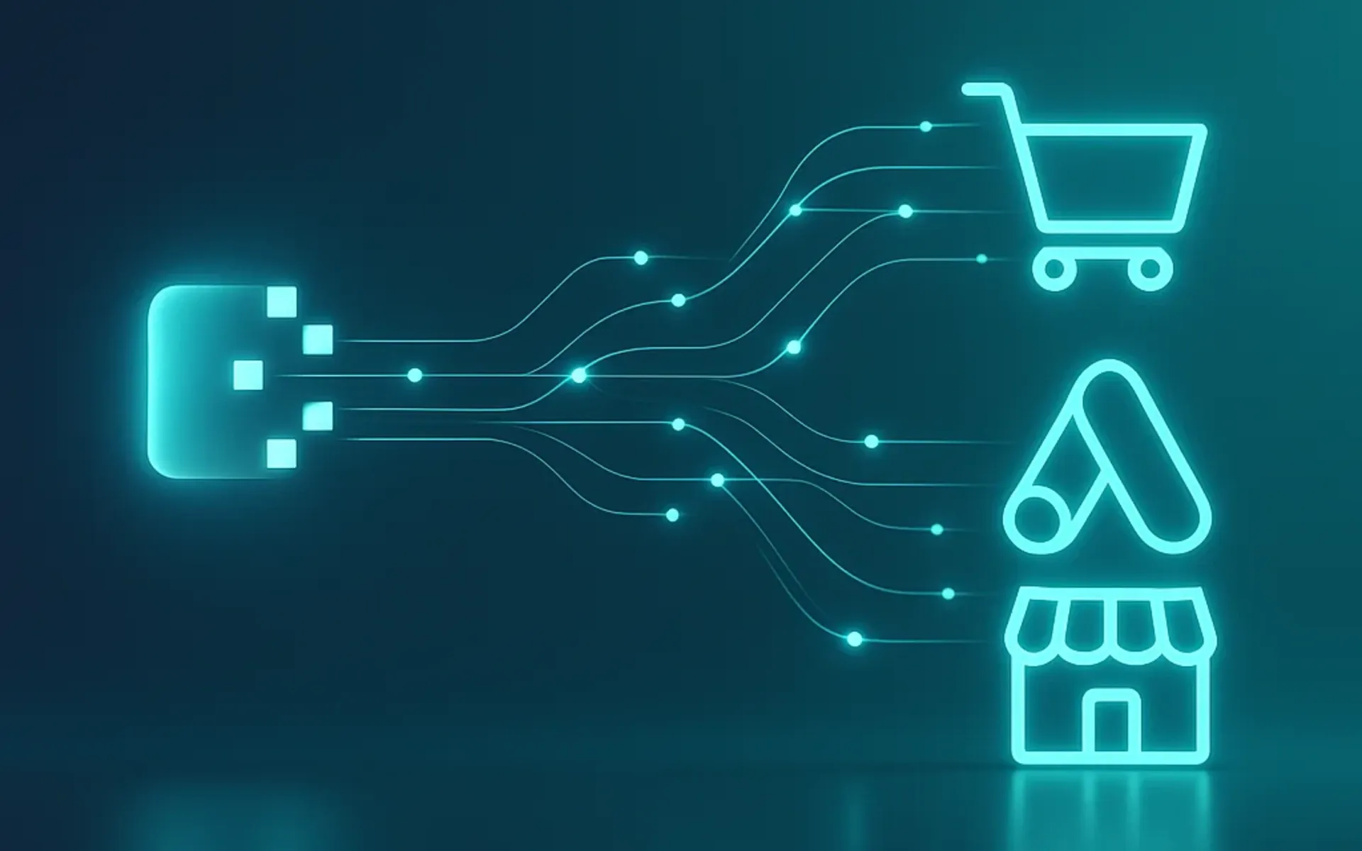 E-commerce data flowing from analytics dashboard to shopping cart and local store through digital connections for inventory tracking