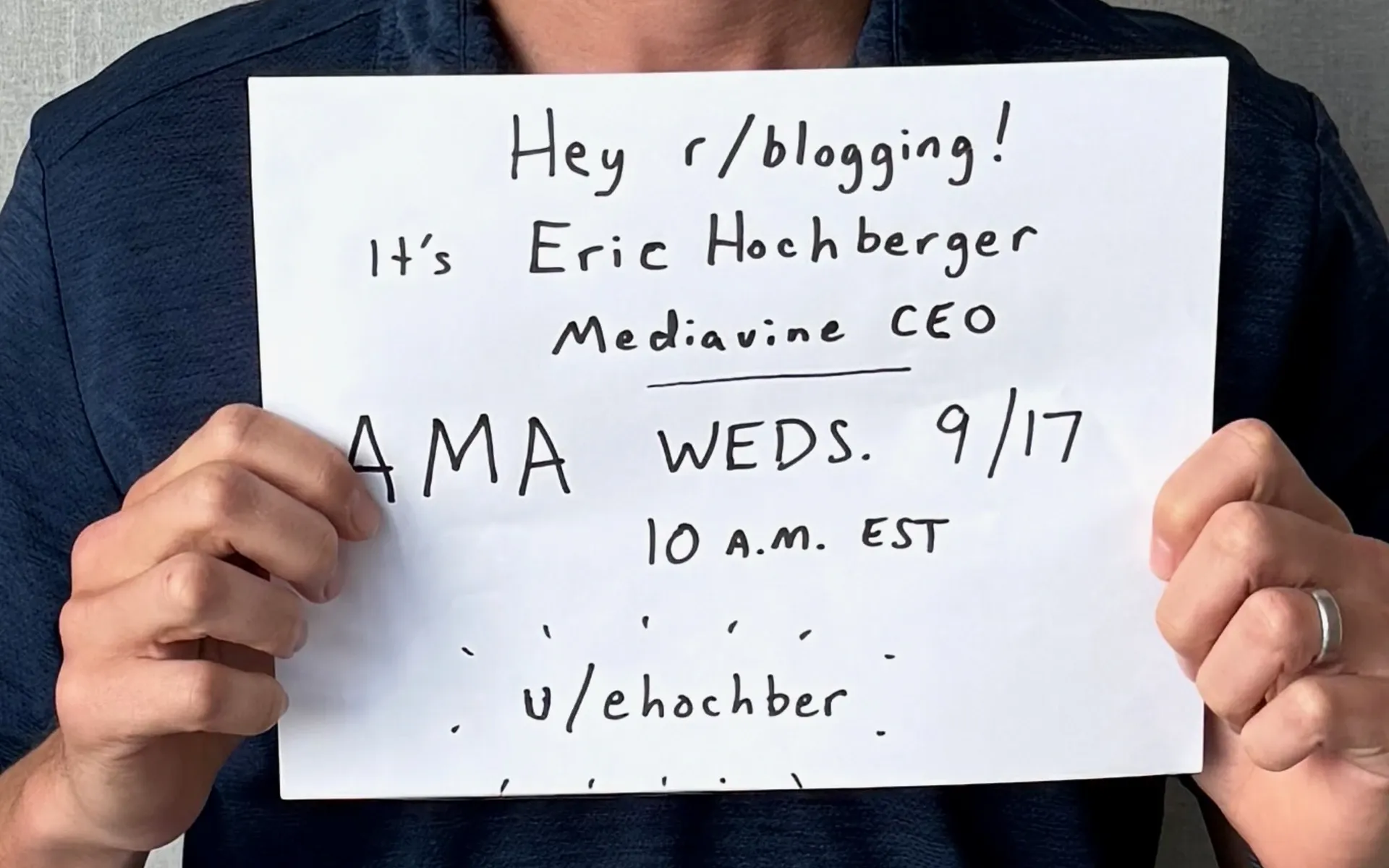 Eric Hochberger holds verification sign for Reddit AMA announcing Mediavine CEO session September 17, 2025.