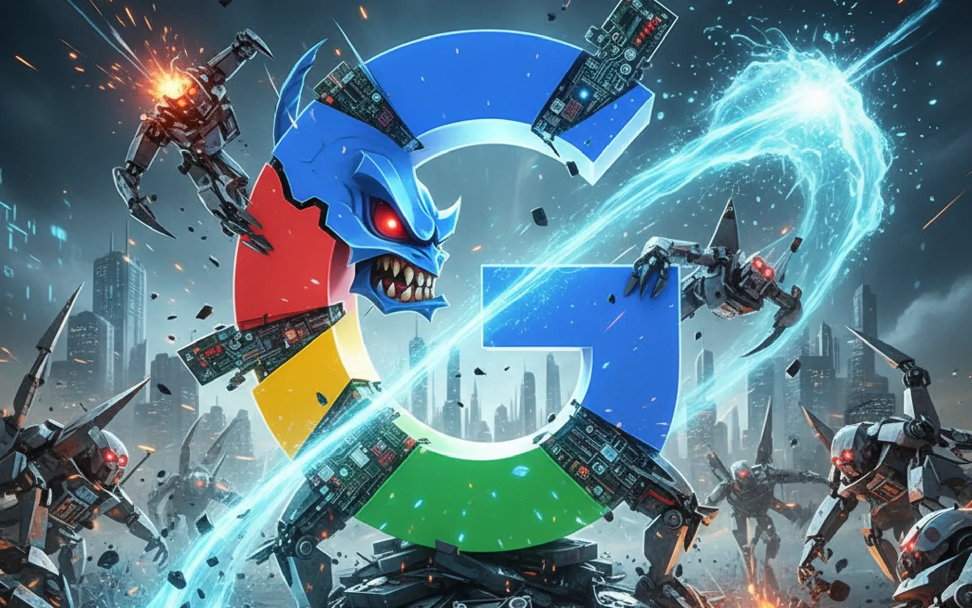 Google logo transformed into menacing robotic entity attacking SEO tracking tools and platforms