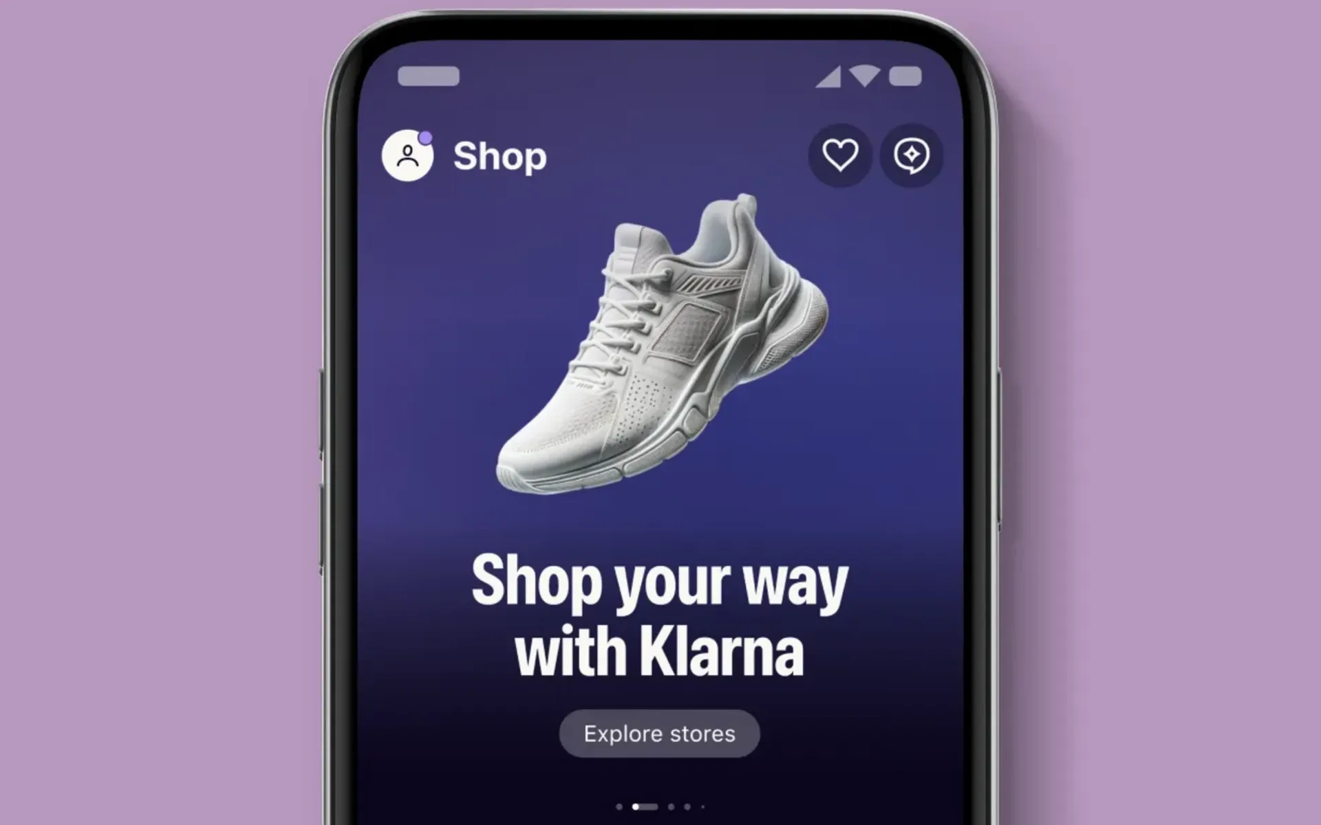 Klarna mobile app shopping interface showcasing sneaker advertisement and "Shop your way" branding. AI generated.
