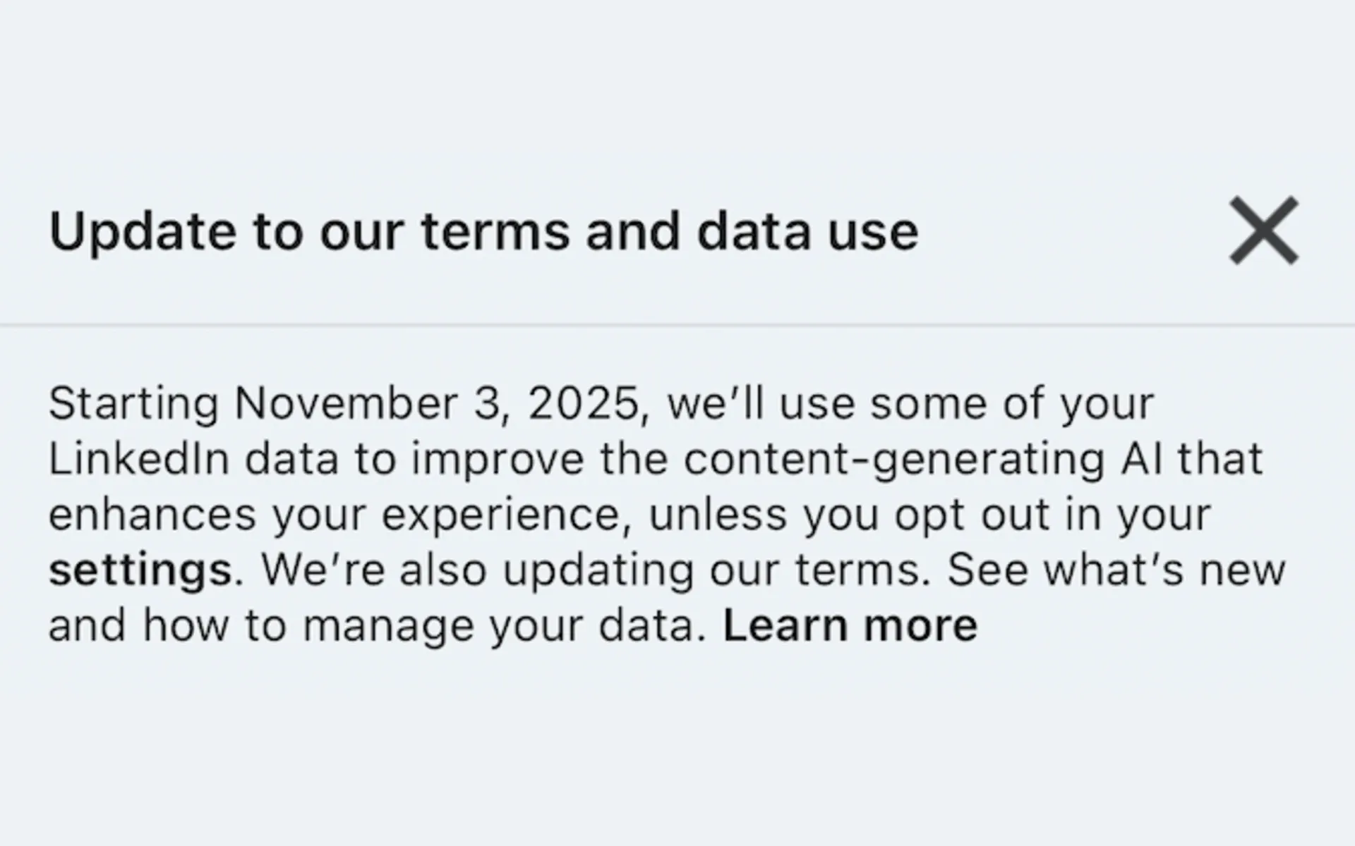 LinkedIn notification banner announcing November 3, 2025 AI training policy changes with opt-out options.