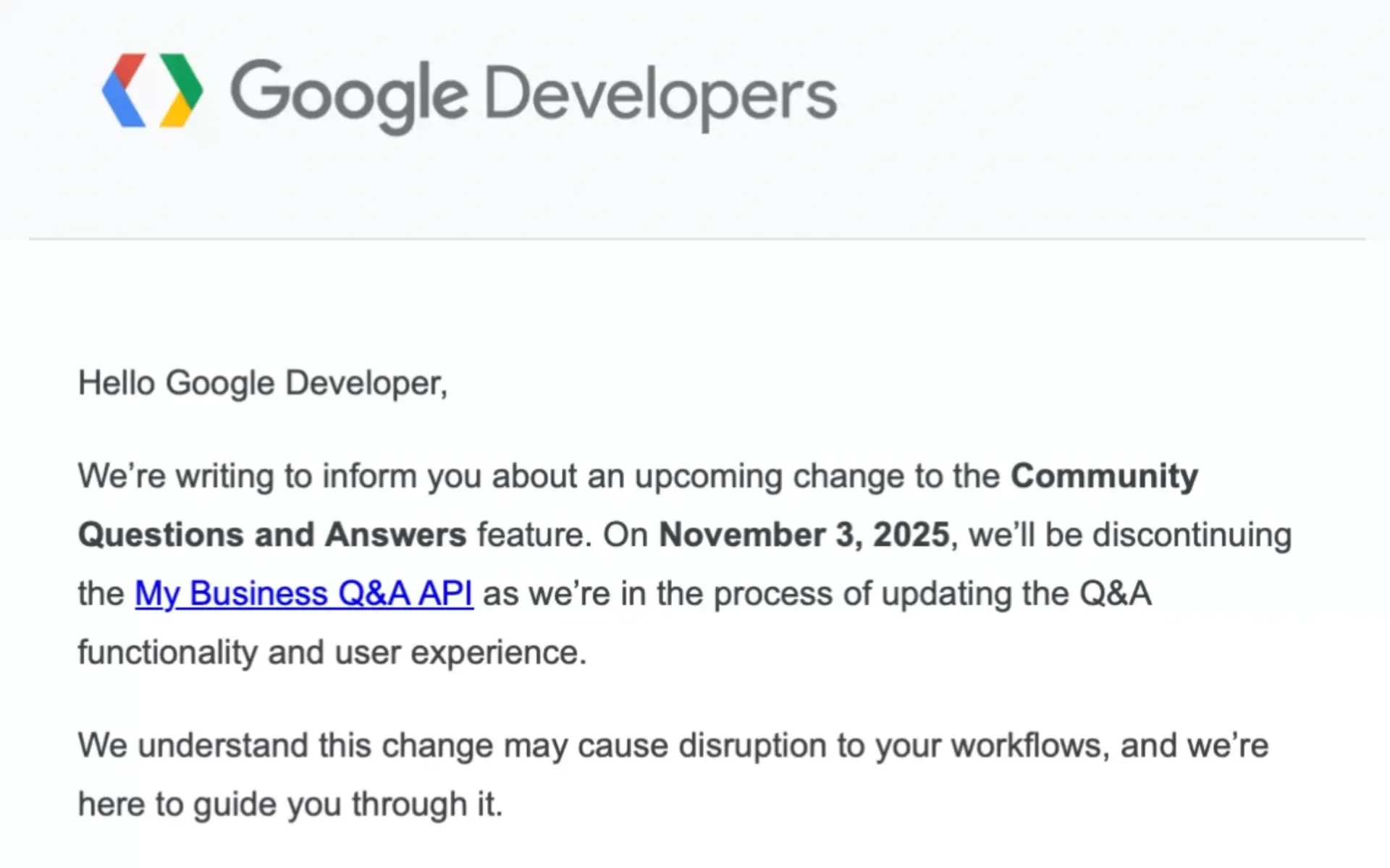 Google discontinues Business Profile Q&A API effective November 3