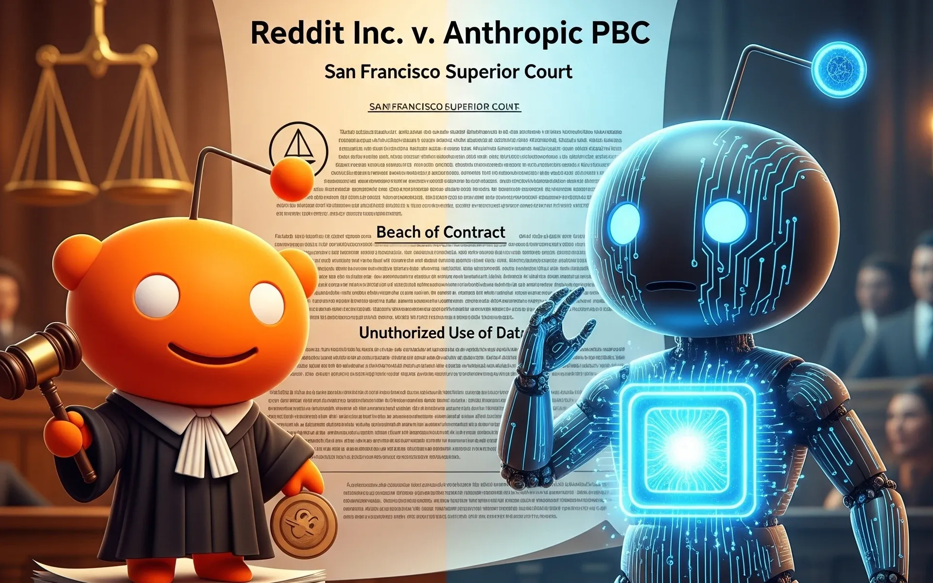 Reddit mascot in legal attire faces AI figure in courtroom setting over data scraping lawsuit. AI-generated image.