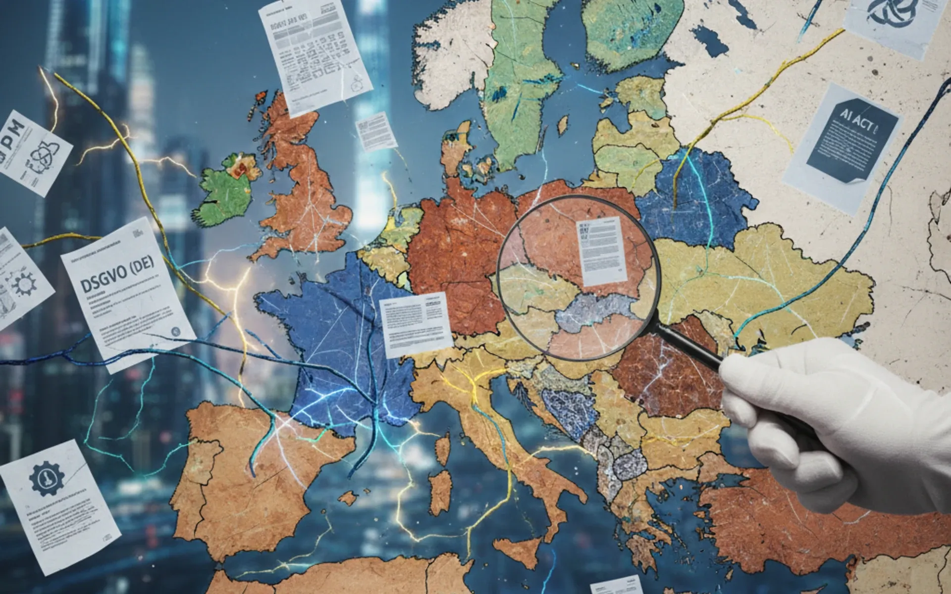 European map with magnifying glass examining DMA regulatory documents and digital connections. AI generated.  (98 characters)