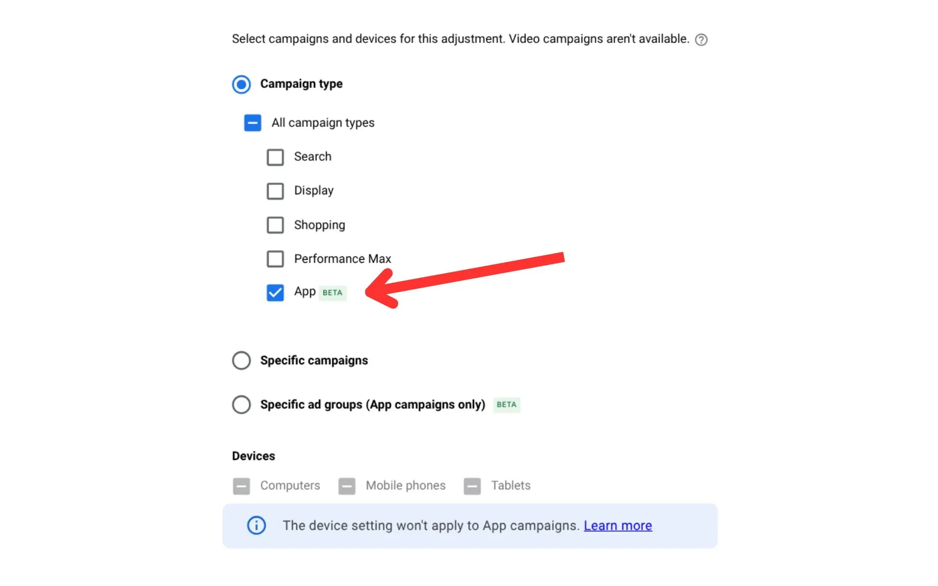 App campaigns beta checkbox selected in Google Ads seasonality adjustments interface with red arrow pointing