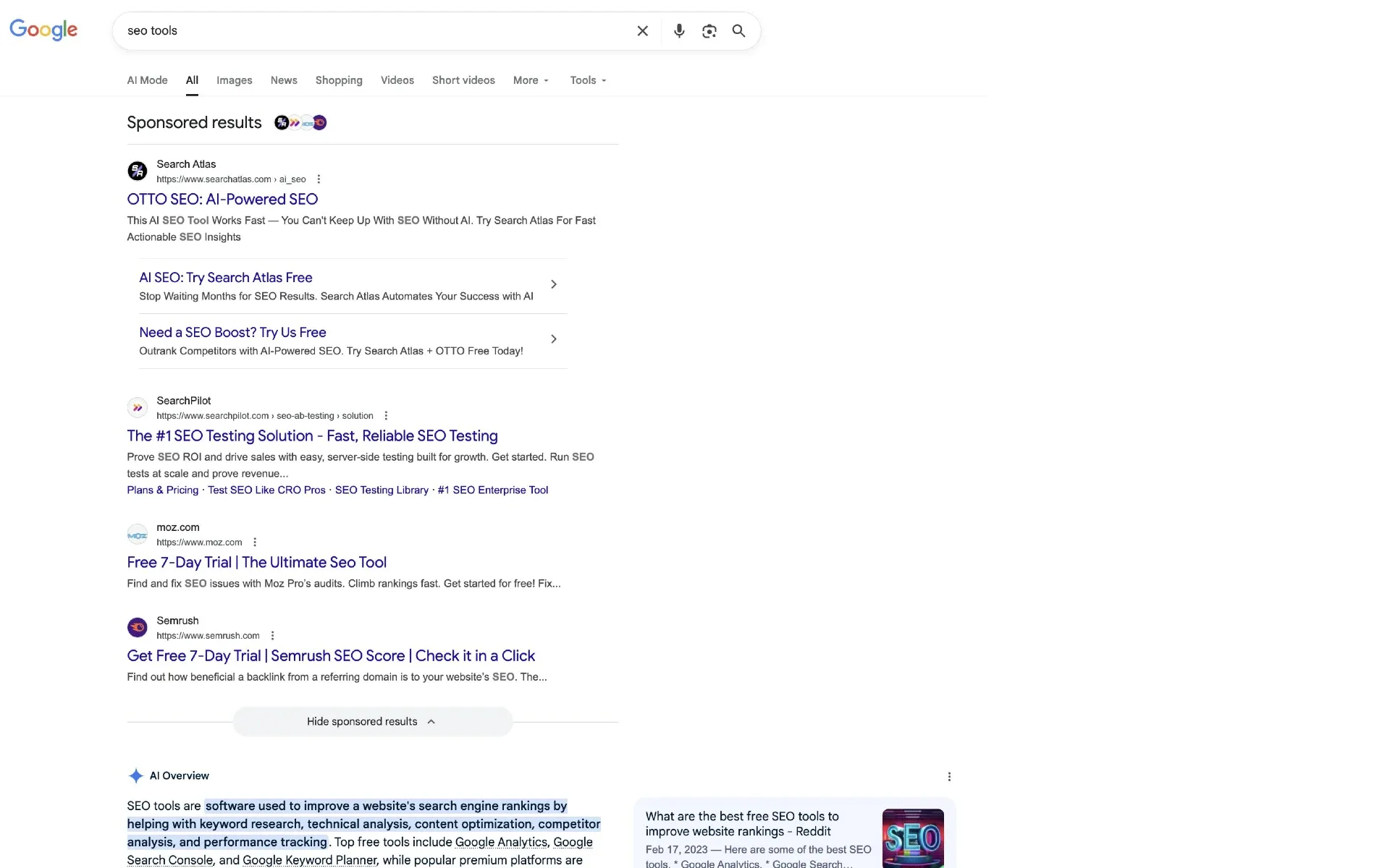 Google search results showing grouped "Sponsored results" header above multiple ads for SEO tools on September 24, 2025.