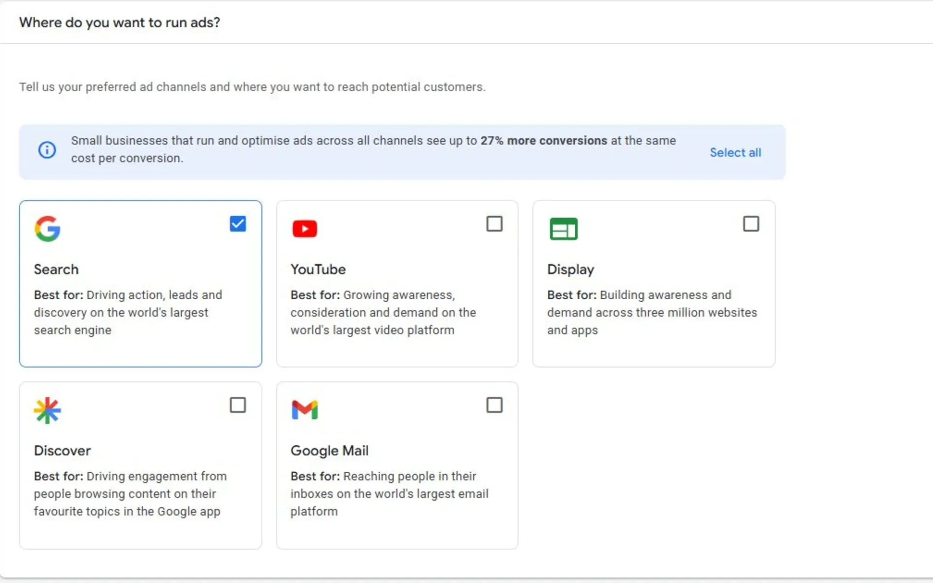 Google Ads new campaign setup interface showing channel selection before campaign type with Performance Max default option