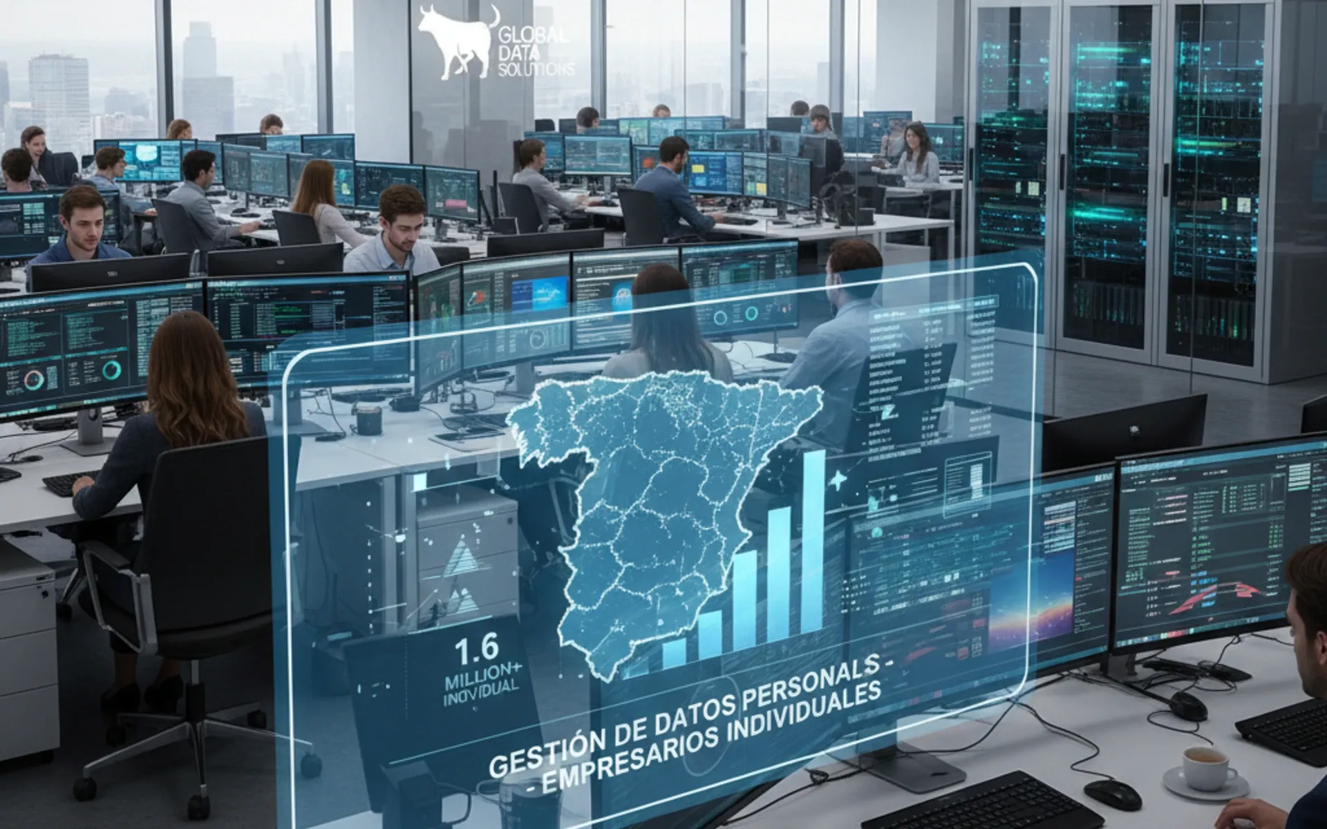 Spanish data center monitors 1.6M individual business records amid GDPR compliance crisis. AI-generated.