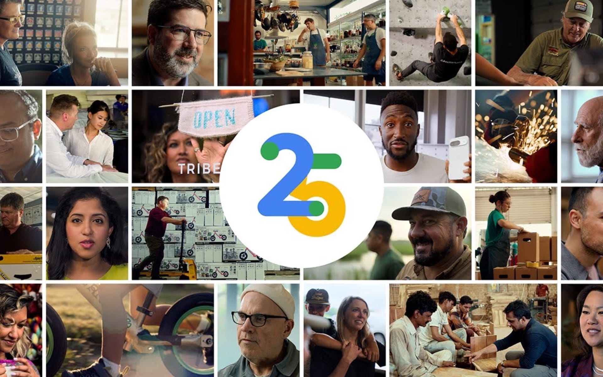Google Ads 25th anniversary showcasing diverse small business owners and creators worldwide.