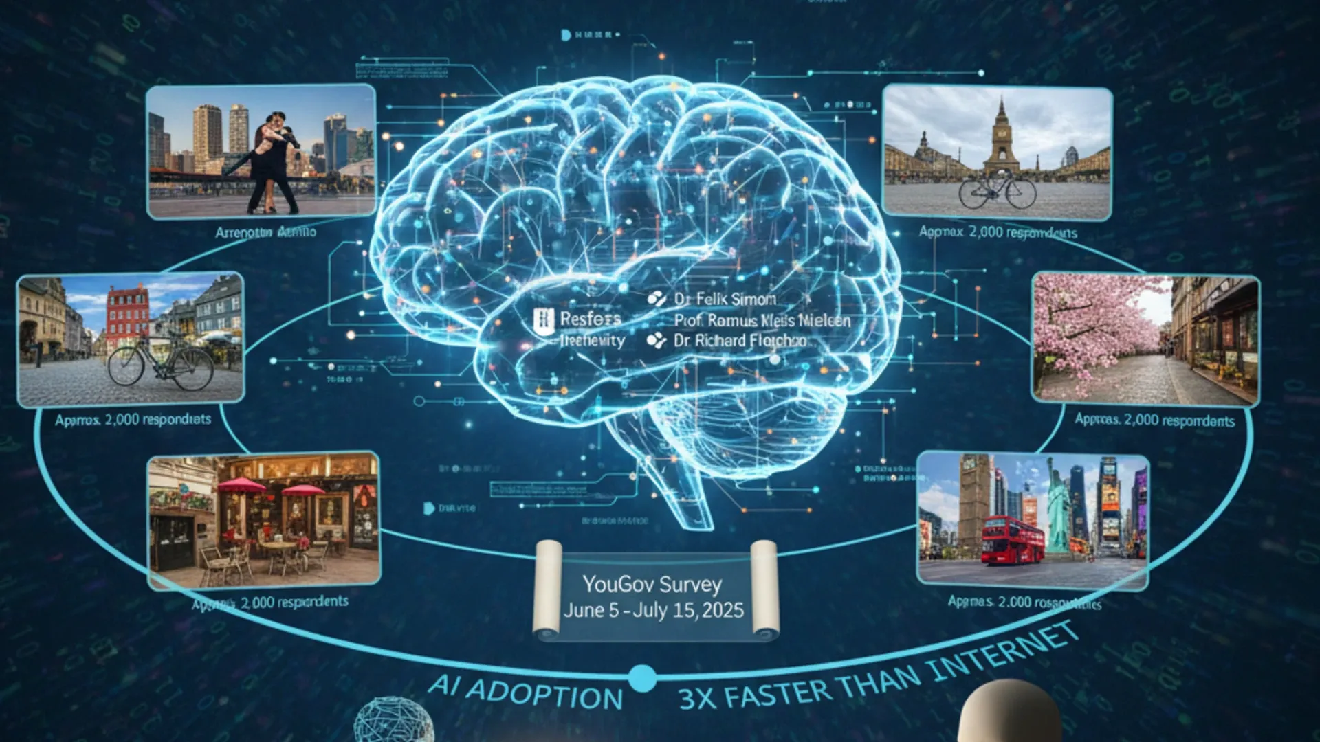 AI-generated visualization of global survey research on artificial intelligence adoption and news trust across six countries (AI-generated)