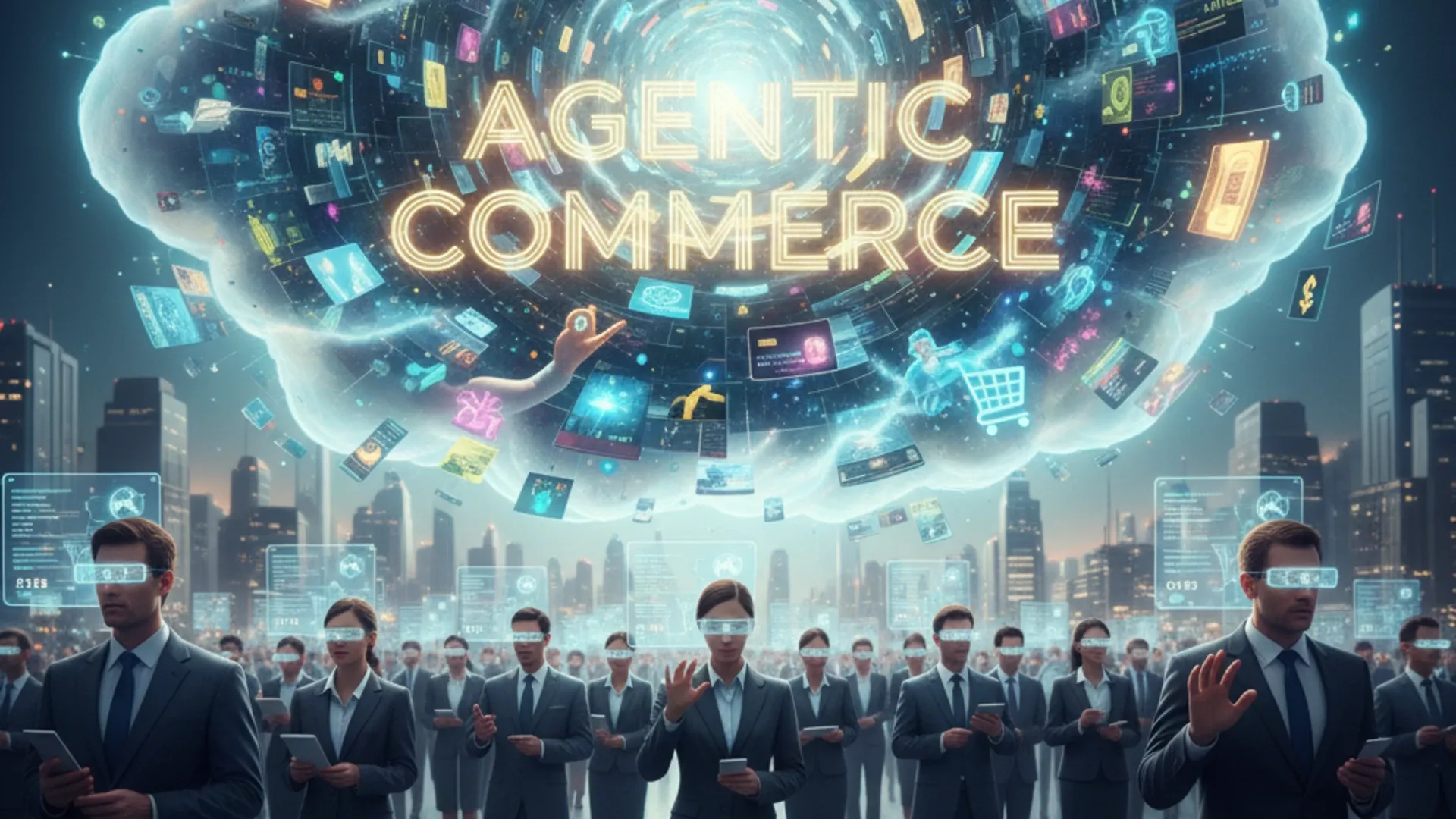 Agentic commerce concept visualization with AI shopping agents. AI-generated.