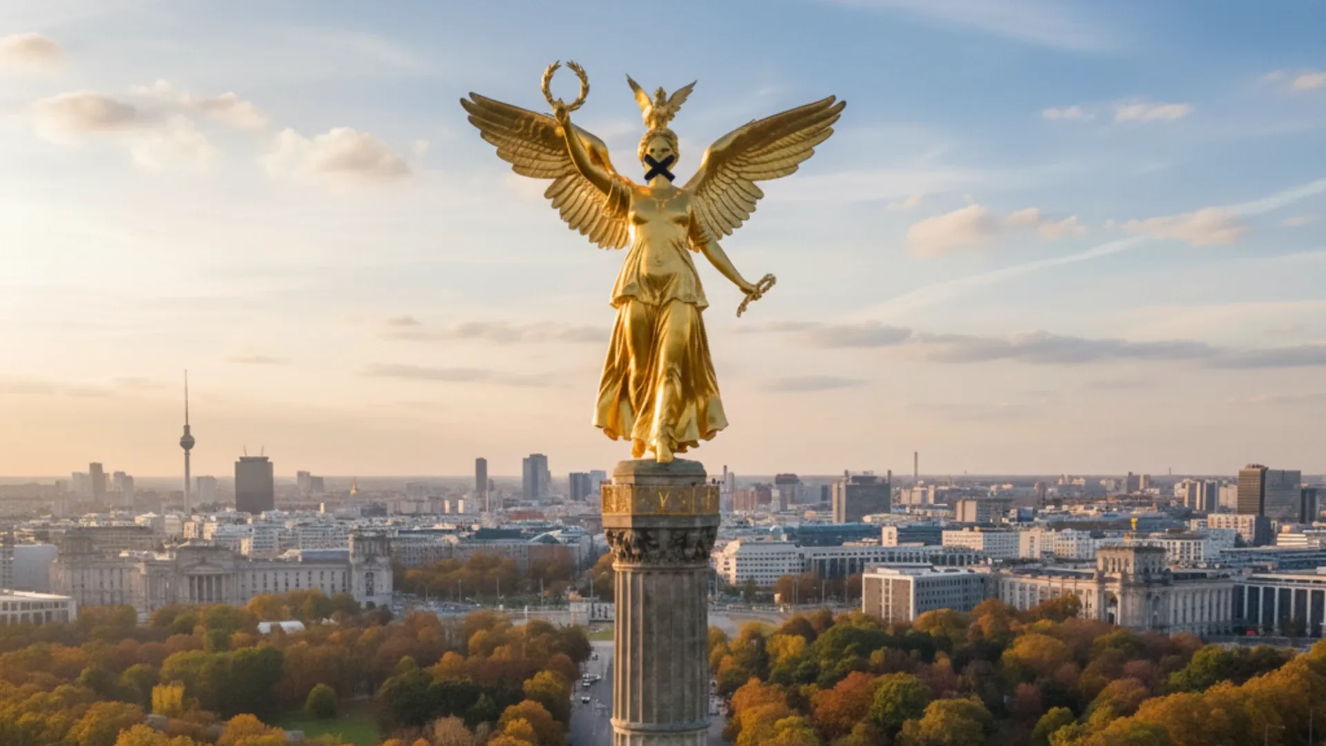 Berlin's Victory Column symbolizes Germany's pivotal role in EU Chat Control vote. AI-generated image.
